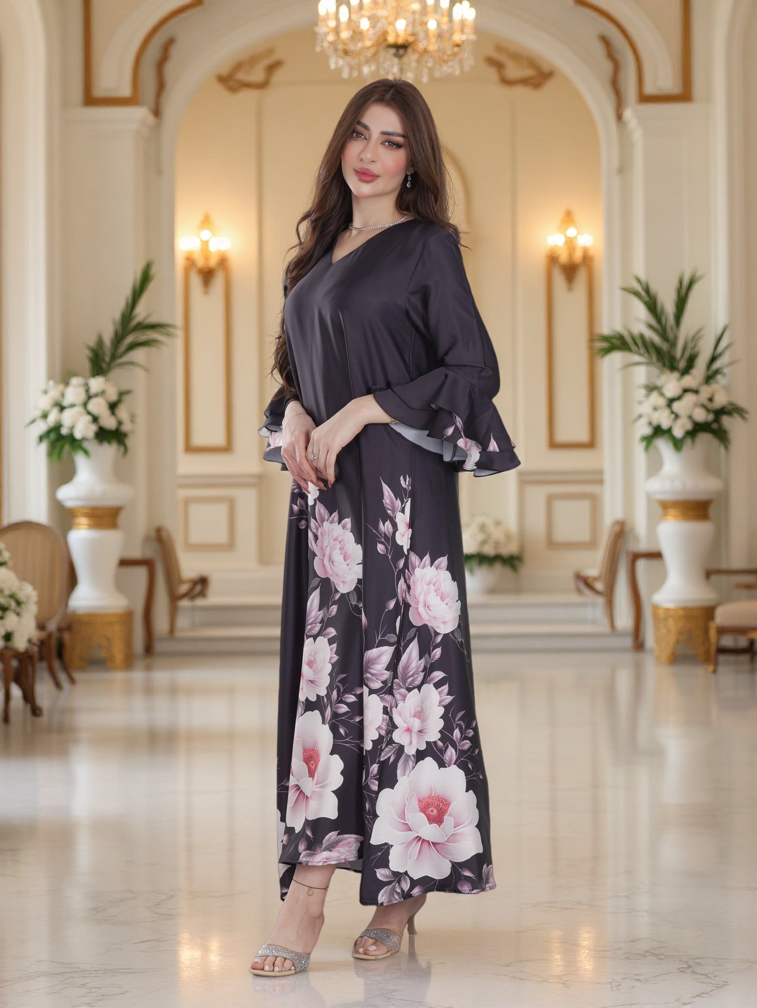 Charcoal Floral Print Modest Maxi Dress with Flared Sleeves