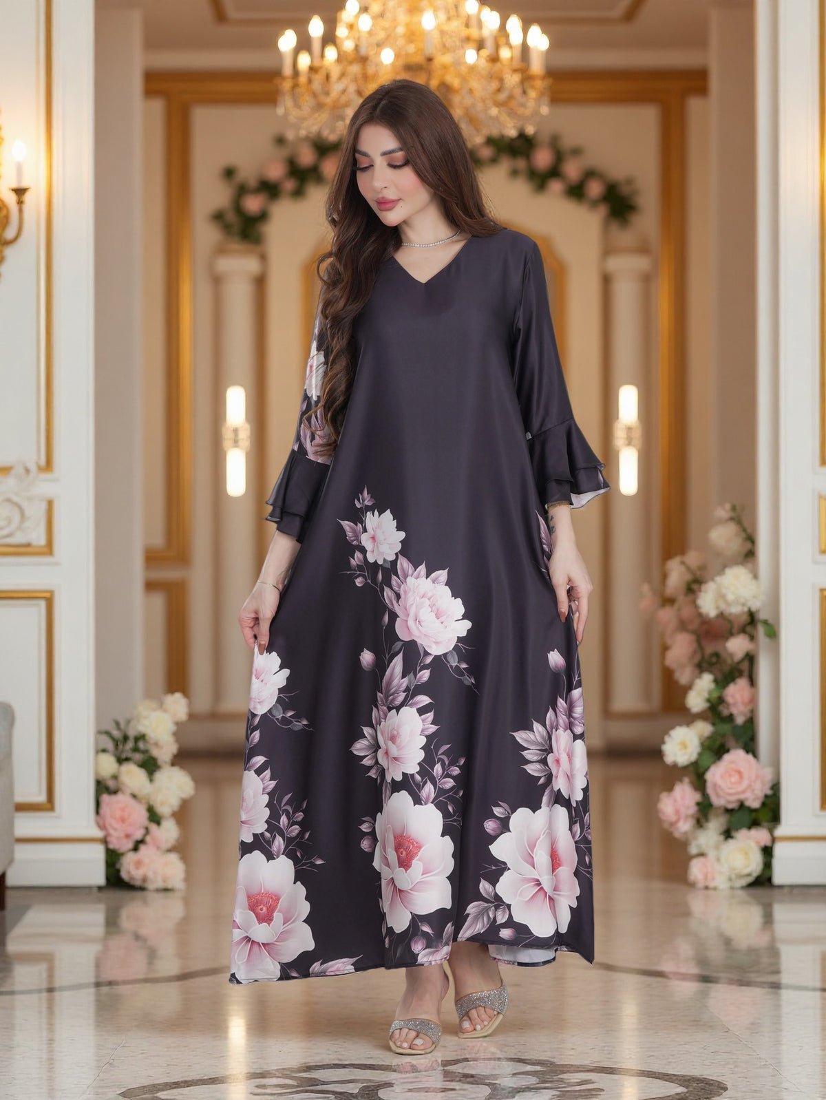 Women’s Floral & Paisley Printed Maxi Kaftan Dress 3-Piece Bundle – Saudi National Day Offer