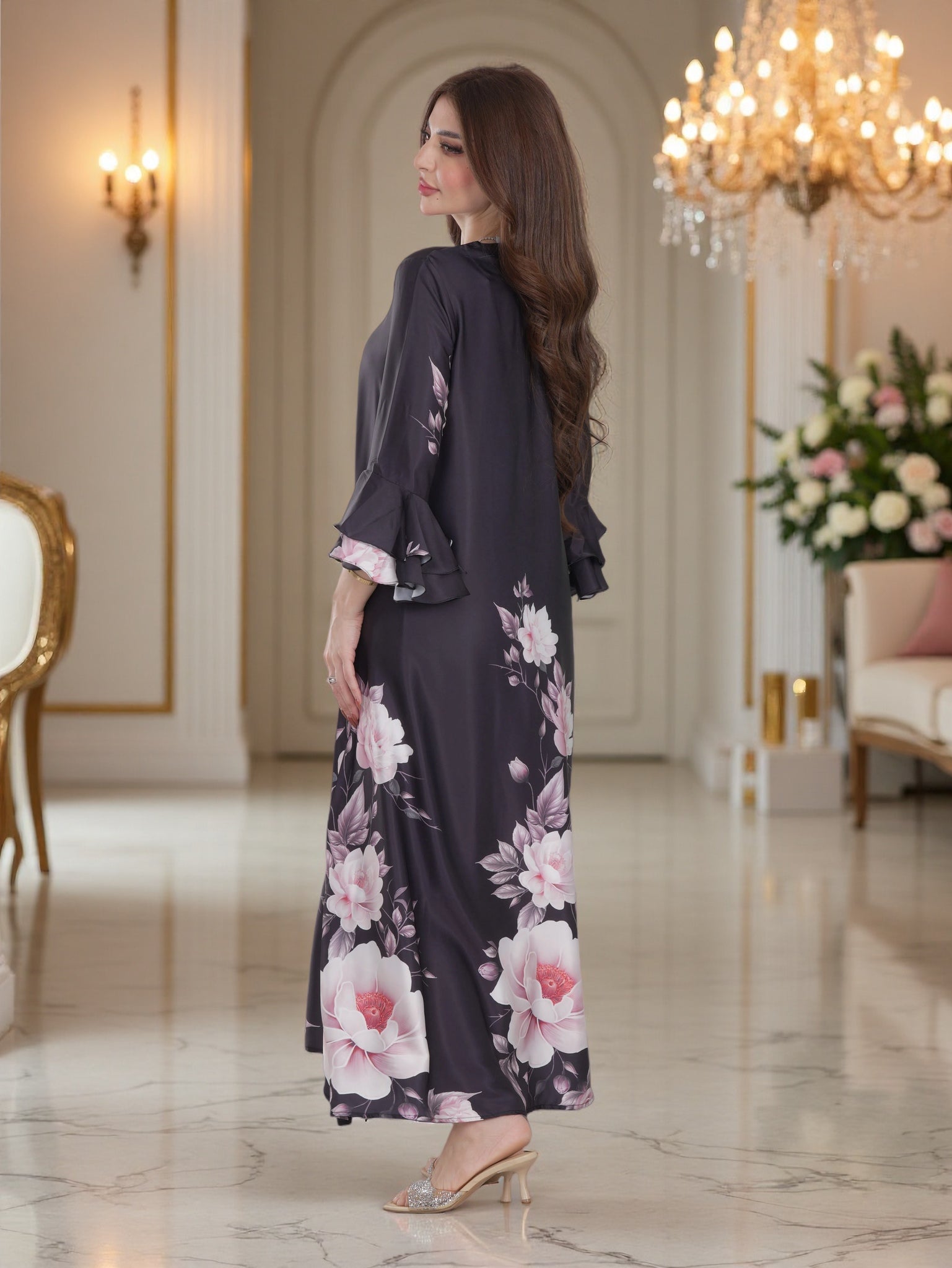 Charcoal Floral Print Modest Maxi Dress with Flared Sleeves