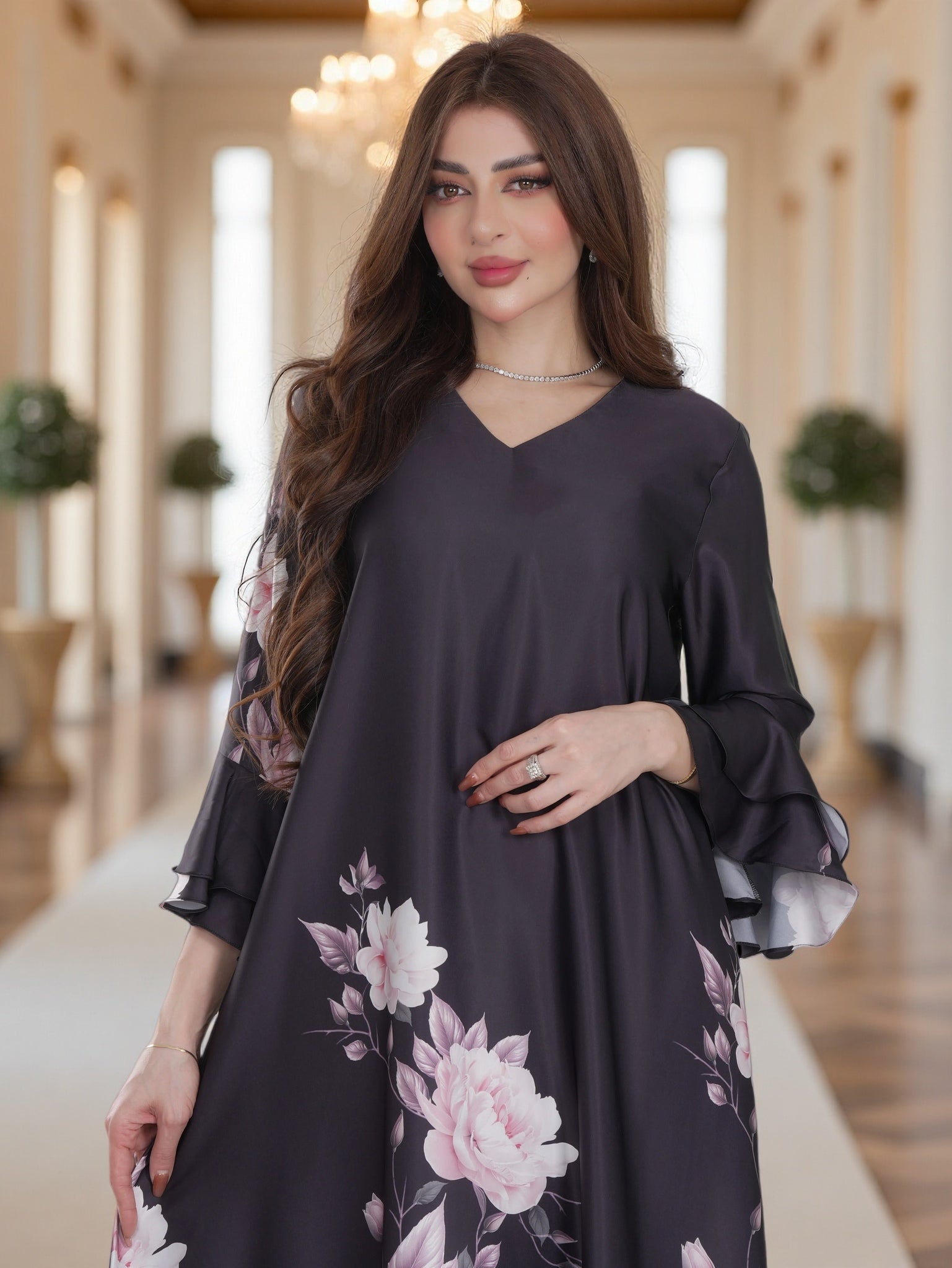 Charcoal Floral Print Modest Maxi Dress with Flared Sleeves