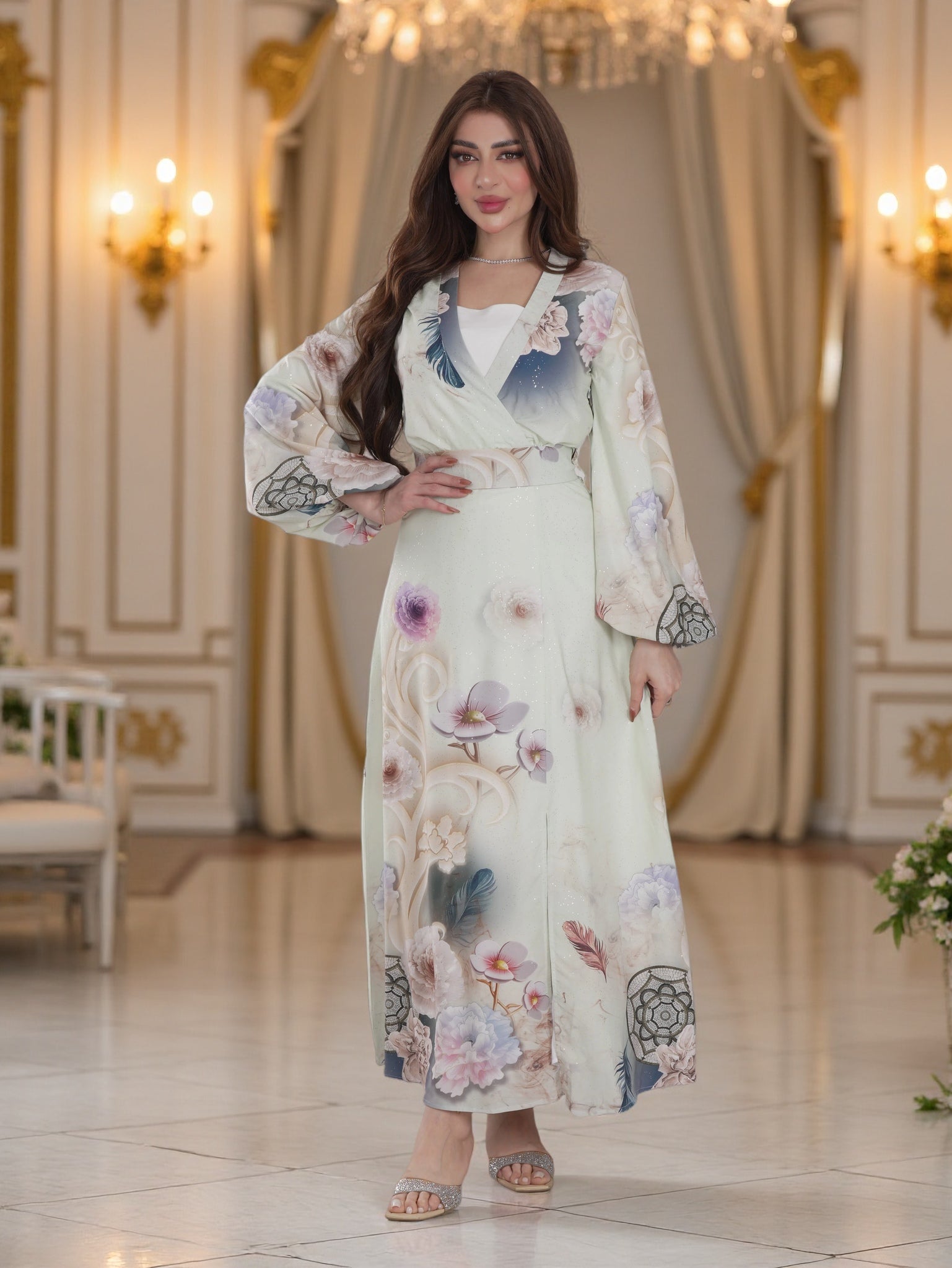 Ivory Floral Wrap-Style Modest Maxi Dress with Belt