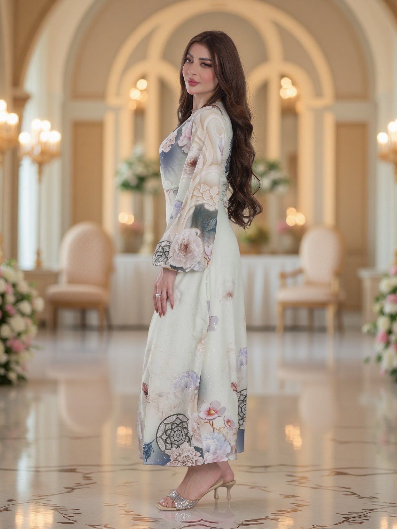 Ivory Floral Wrap-Style Modest Maxi Dress with Belt