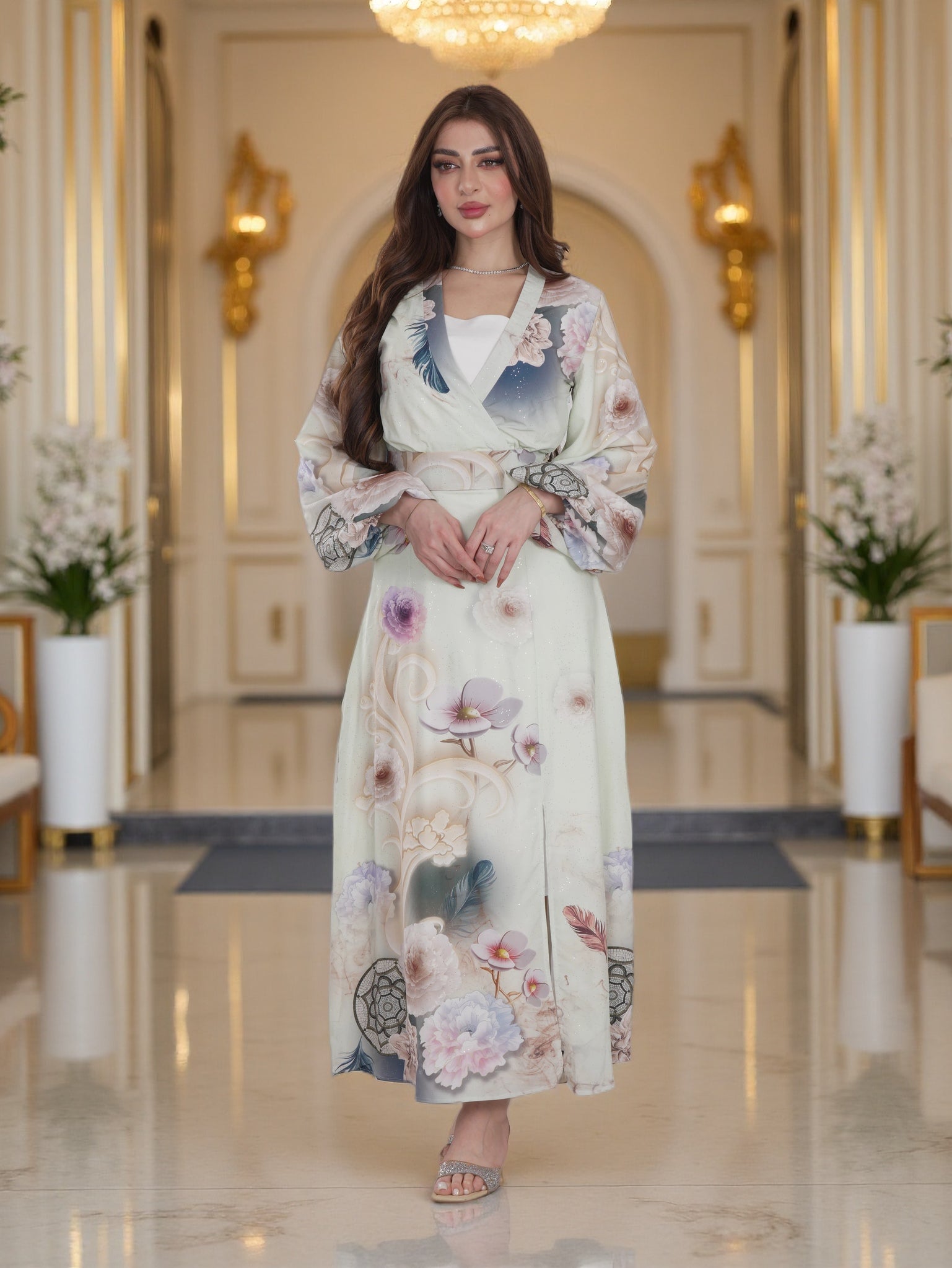 Ivory Floral Wrap-Style Modest Maxi Dress with Belt