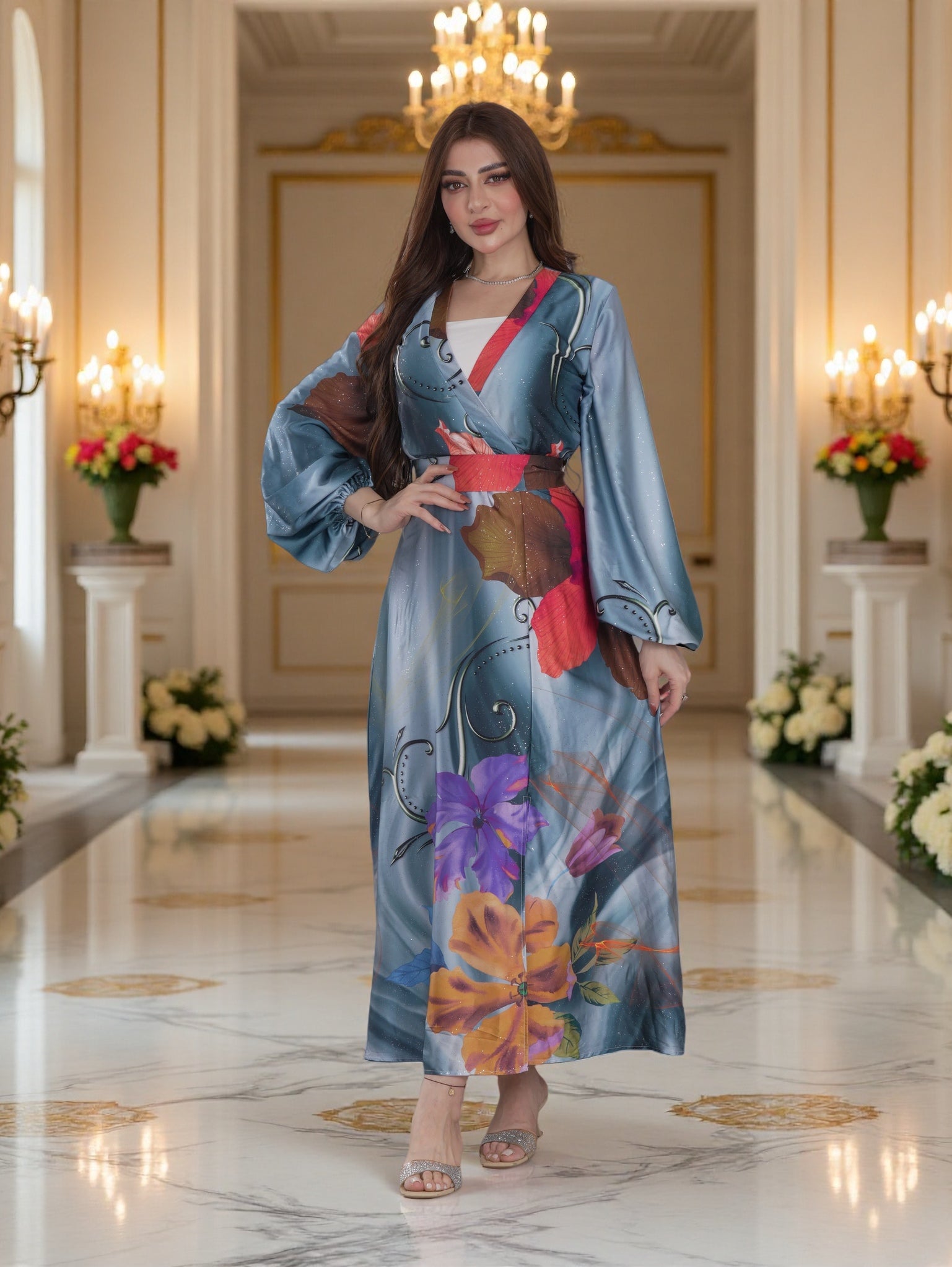 Blue Floral Wrap-Style Modest Maxi Dress with Belt