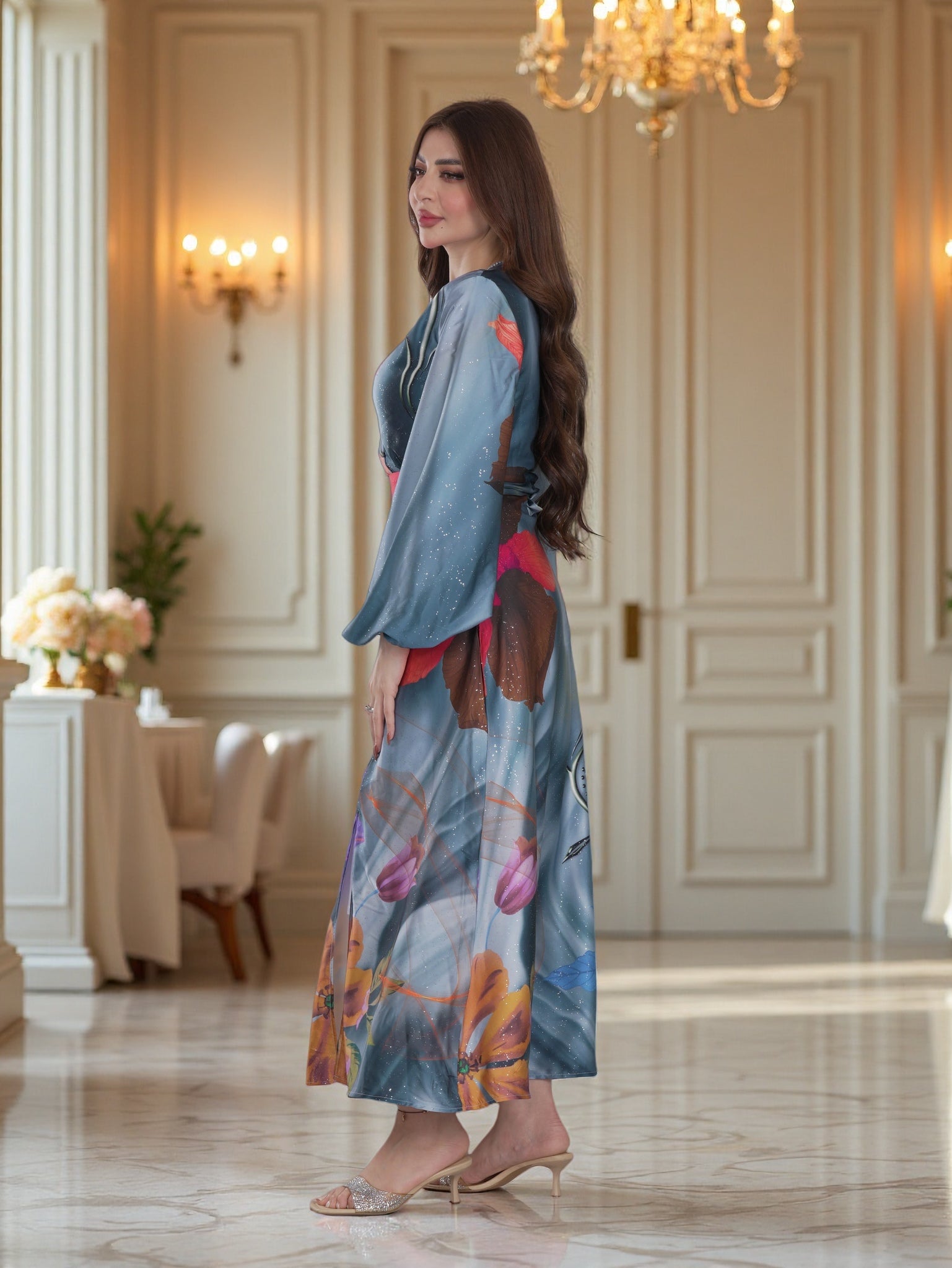 Blue Floral Wrap-Style Modest Maxi Dress with Belt