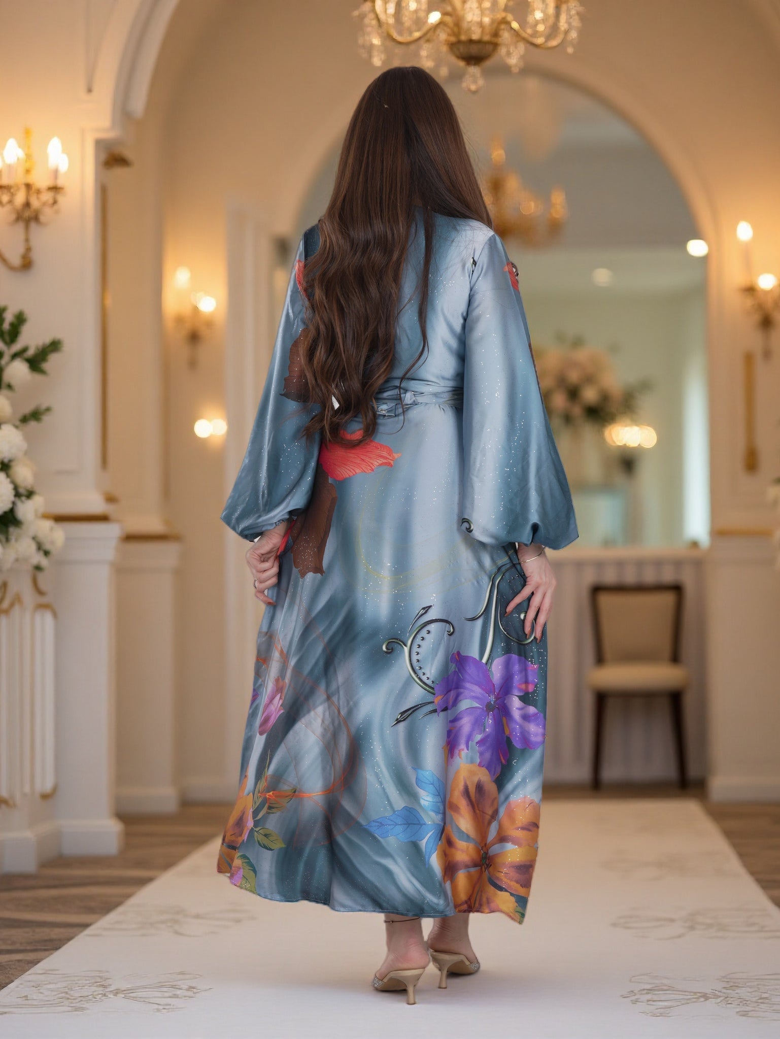 Blue Floral Wrap-Style Modest Maxi Dress with Belt