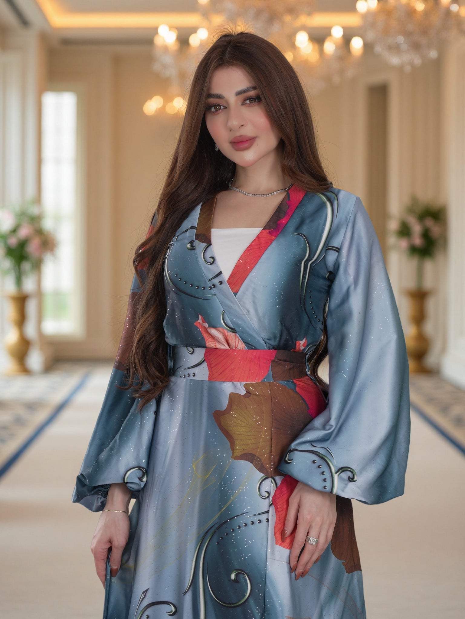 Blue Floral Wrap-Style Modest Maxi Dress with Belt