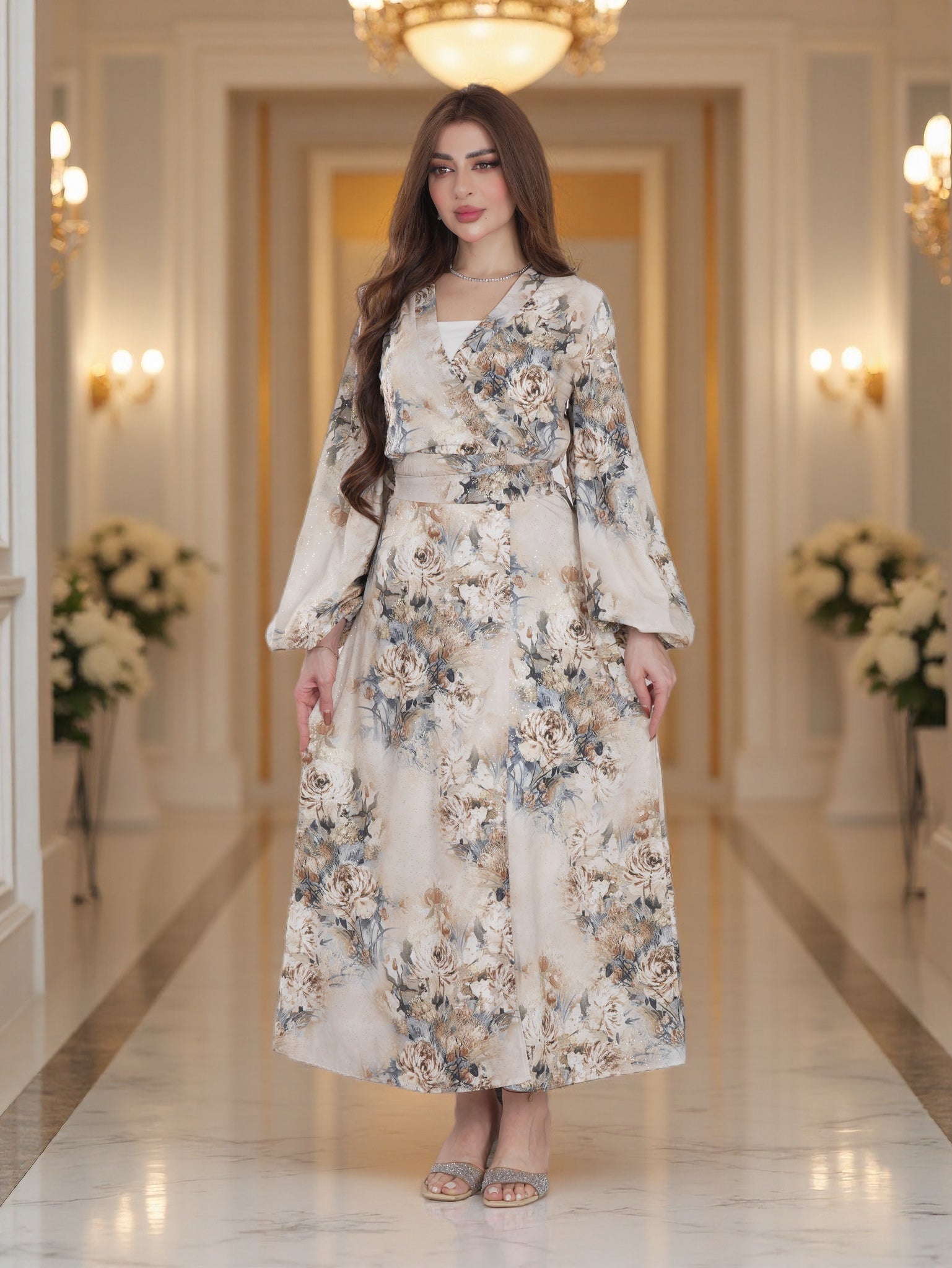 Beige Floral Wrap-Style Modest Maxi Dress with Waist Belt FineLook Beige Floral Wrap-Style Modest Maxi Dress with Waist Belt FineLook