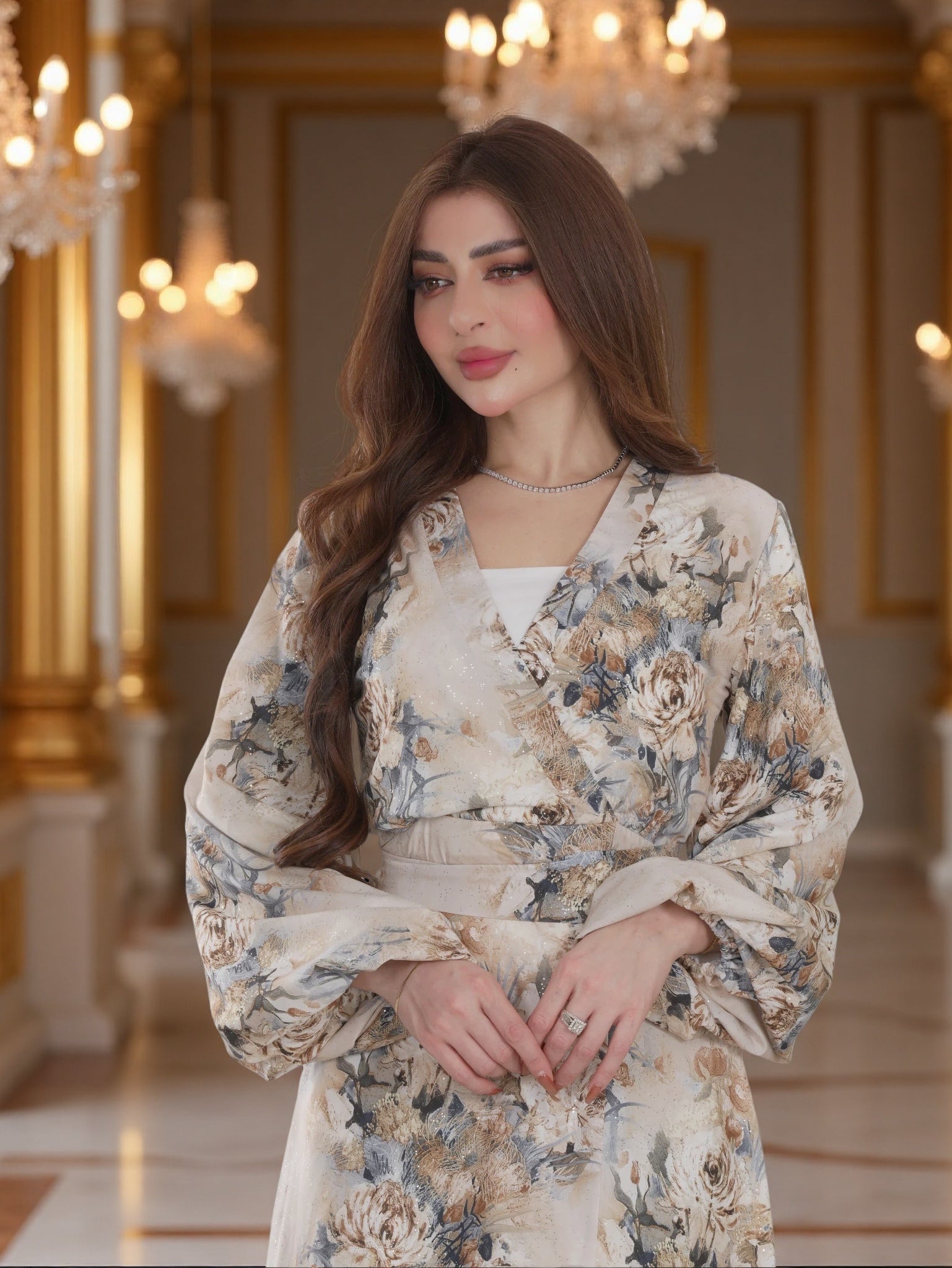 Beige Floral Wrap-Style Modest Maxi Dress with Waist Belt