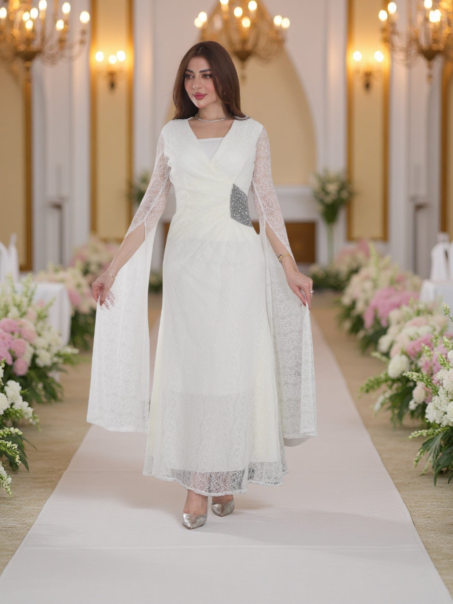 فستان سهرة فاخر من الدانتيل باللون البرقوقي – فستان طويل أنيق للأعراس والمناسبات الرسمية