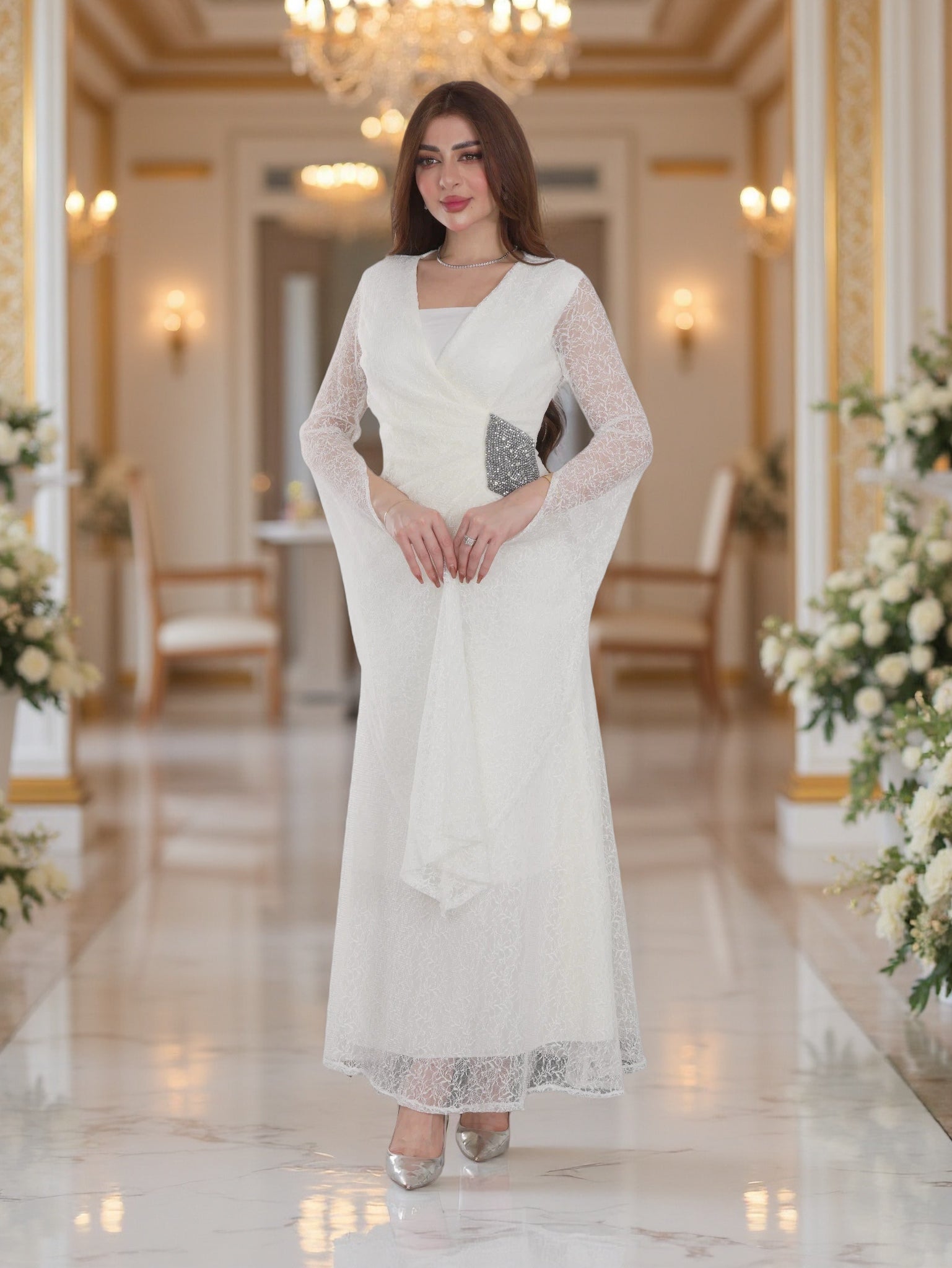 فستان سهرة فاخر من الدانتيل باللون البرقوقي – فستان طويل أنيق للأعراس والمناسبات الرسمية