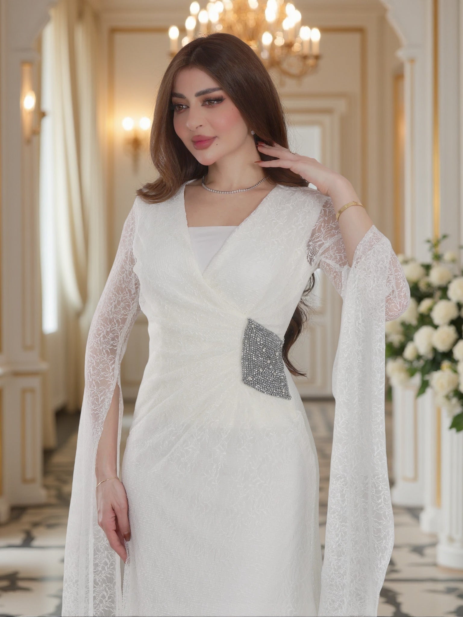 فستان سهرة فاخر من الدانتيل باللون البرقوقي – فستان طويل أنيق للأعراس والمناسبات الرسمية