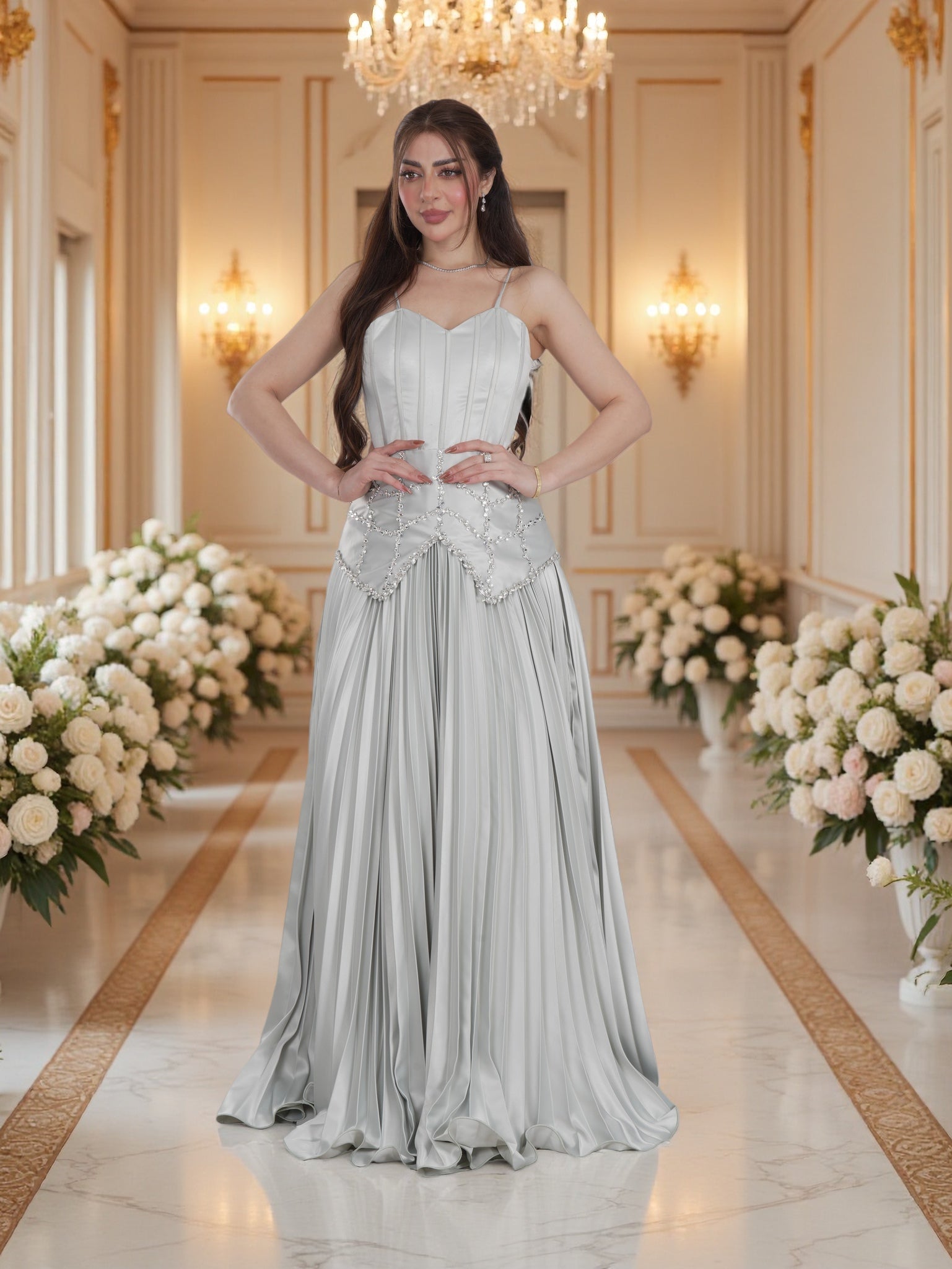 Luxury Silver Pleated Evening Gown with Crystal Waist Embellishment – –  FineLook