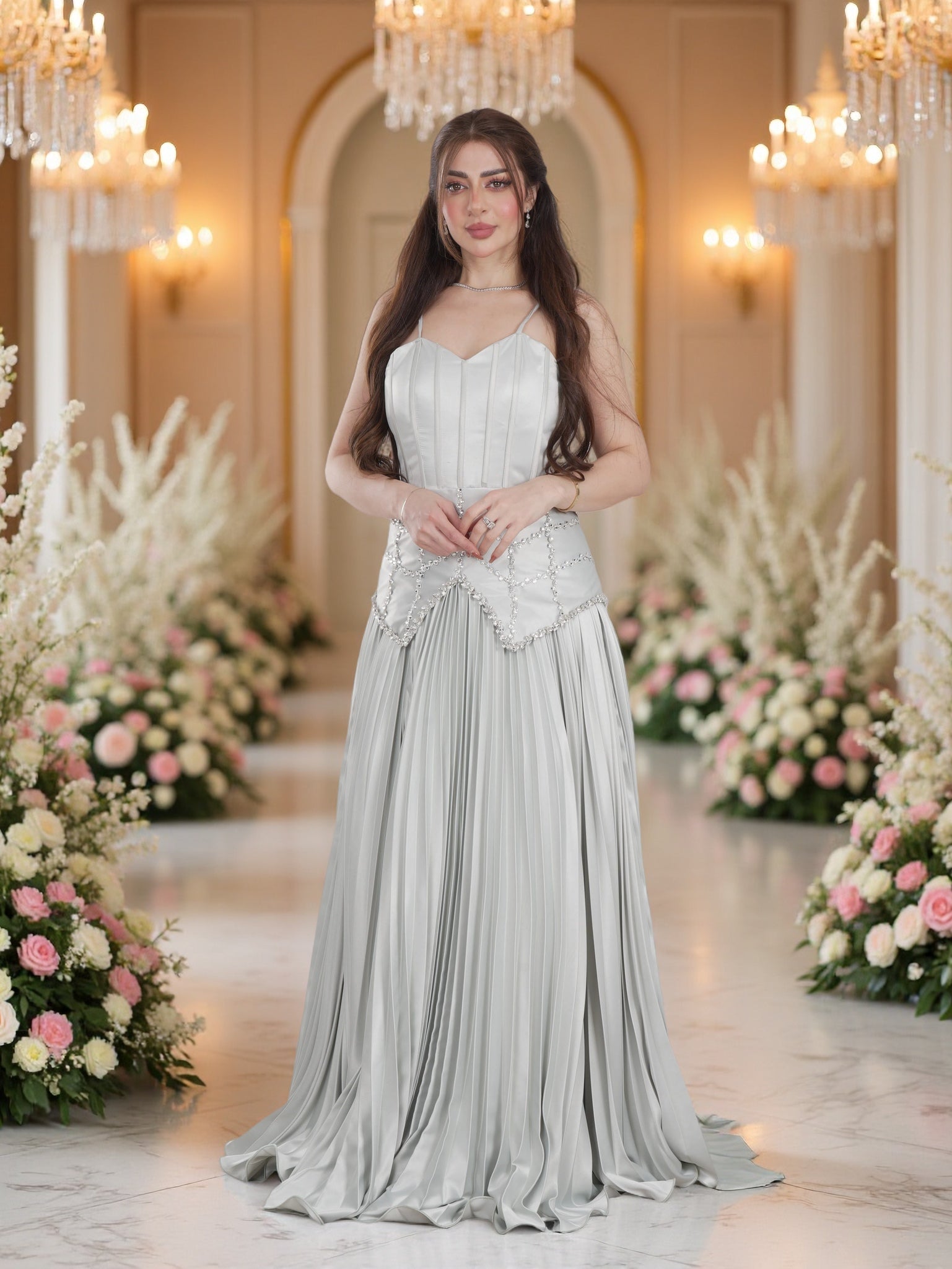 evening dress silver Elegant Silver Sequin Evening Gown with Feather Accents