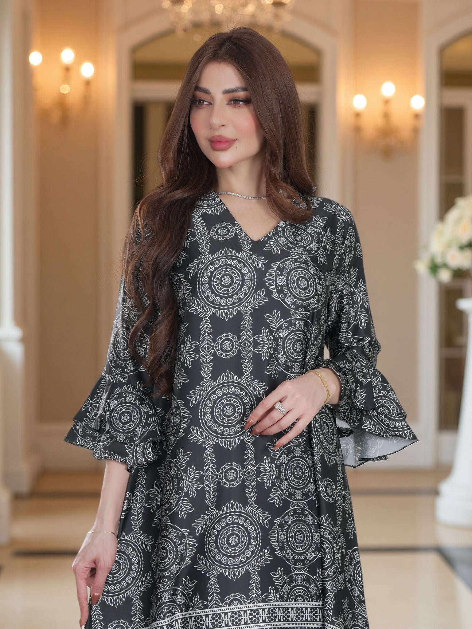 Ethnic Printed Modest Dress with Contrast Flared Sleeves – Elegant Daily Wear