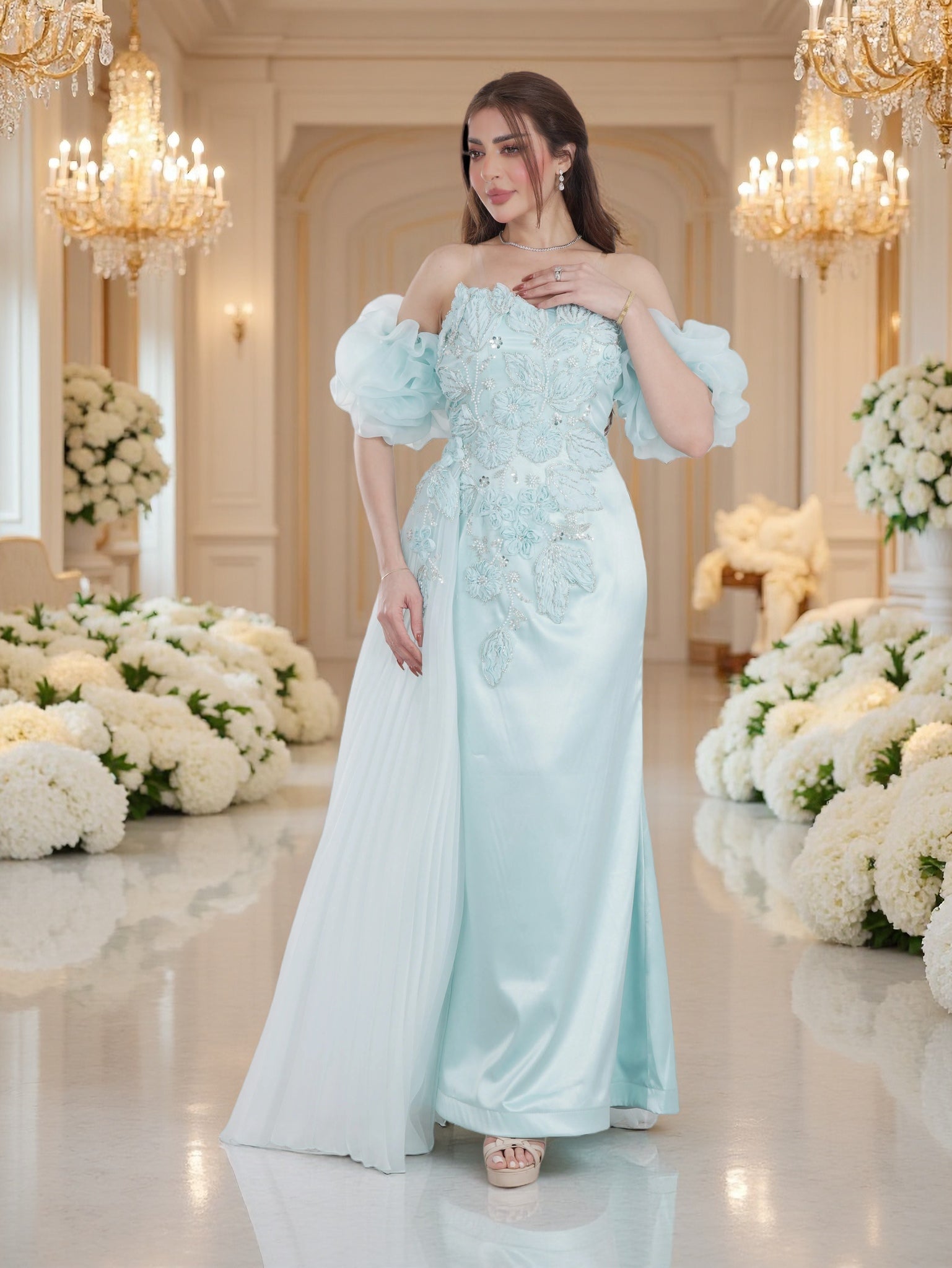 فستان سهرة أسود أنيق للنساء | فستان ماكسي رسمي بأكمام طويلة وخصر مطرّز