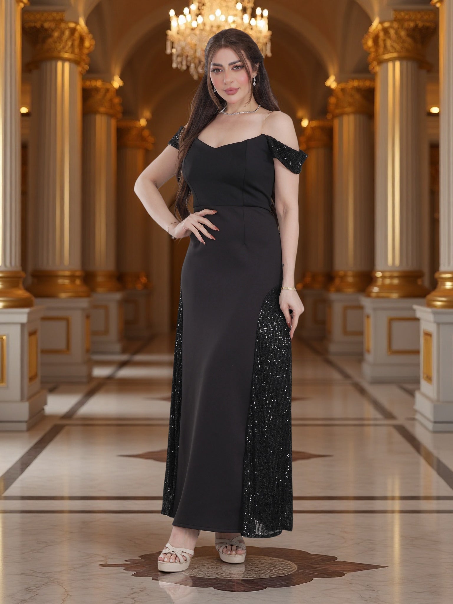 فستان سهرة أسود أنيق للنساء | فستان ماكسي رسمي بأكمام طويلة وخصر مطرّز