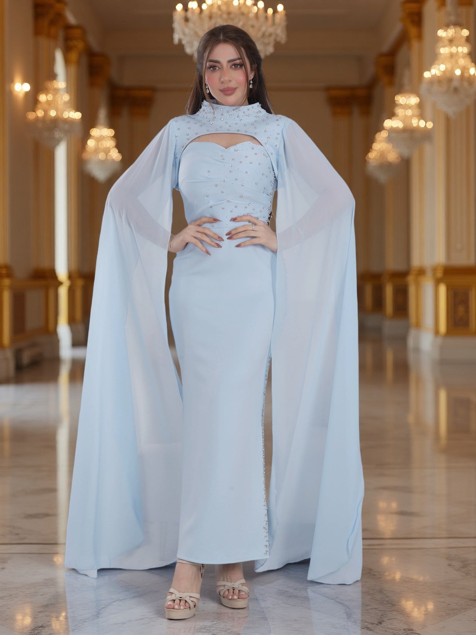 Luxury Lilac Embellished Evening Gown – Elegant Cape Sleeve Dress