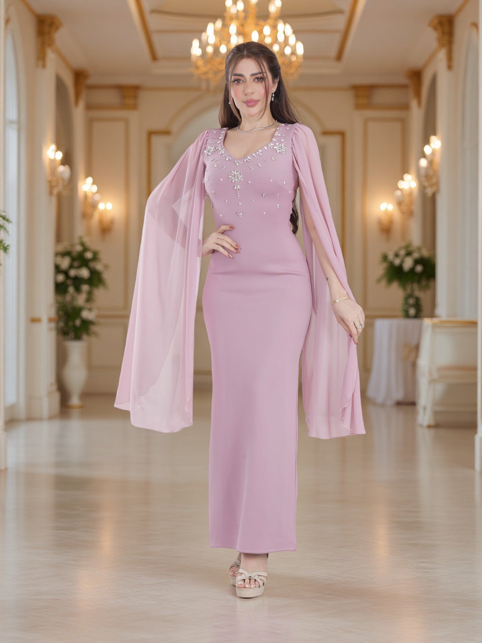 Elegent Evening Gown with Flowing Cape Sleeves