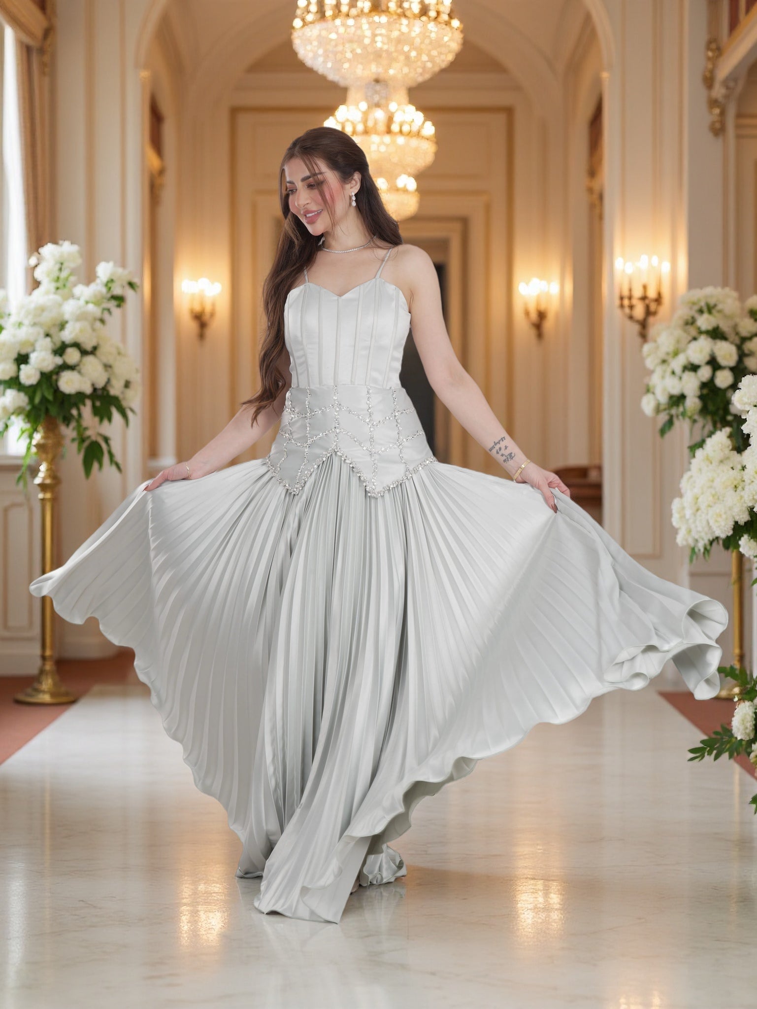 Luxury Silver Pleated Evening Gown with Crystal Waist Embellishment FineLook Luxury Silver Pleated Evening Gown with Crystal Waist Embellishment FineLook