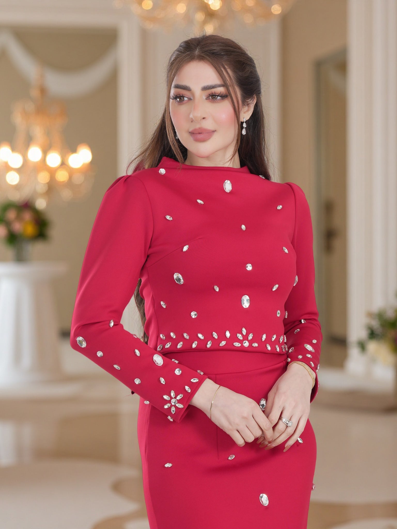 Elegant Red Crystal Embellished Maxi Dress