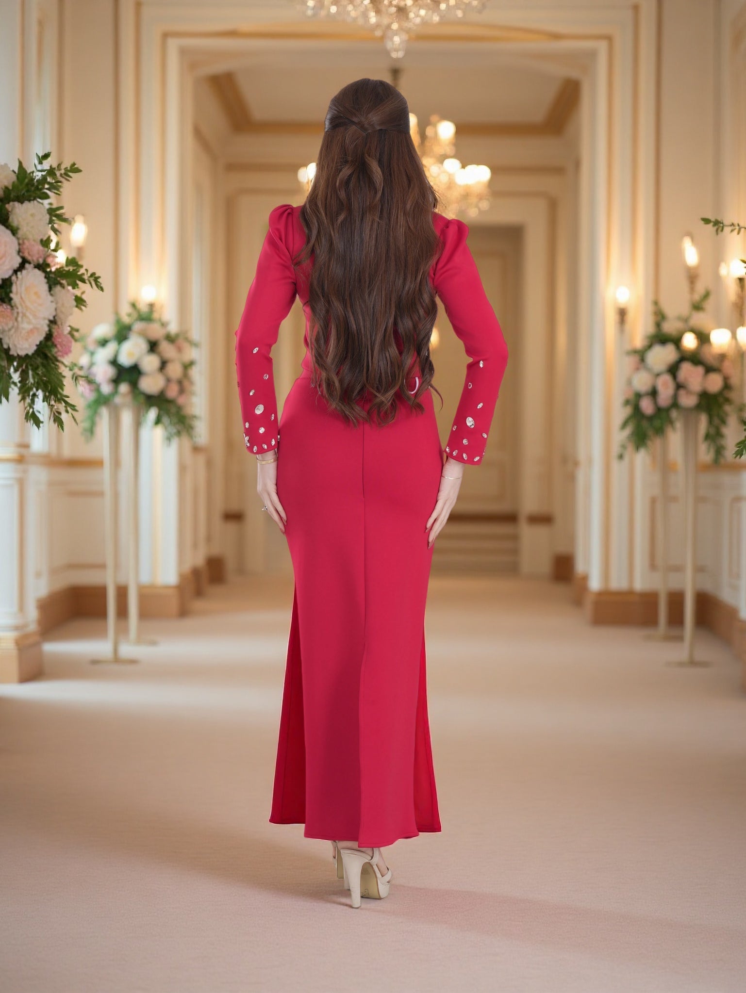 فستان سهرة ماكسي أنيق مزين بالكريستال باللون الأزرق الفيروزي | فستان رسمي بأكمام طويلة