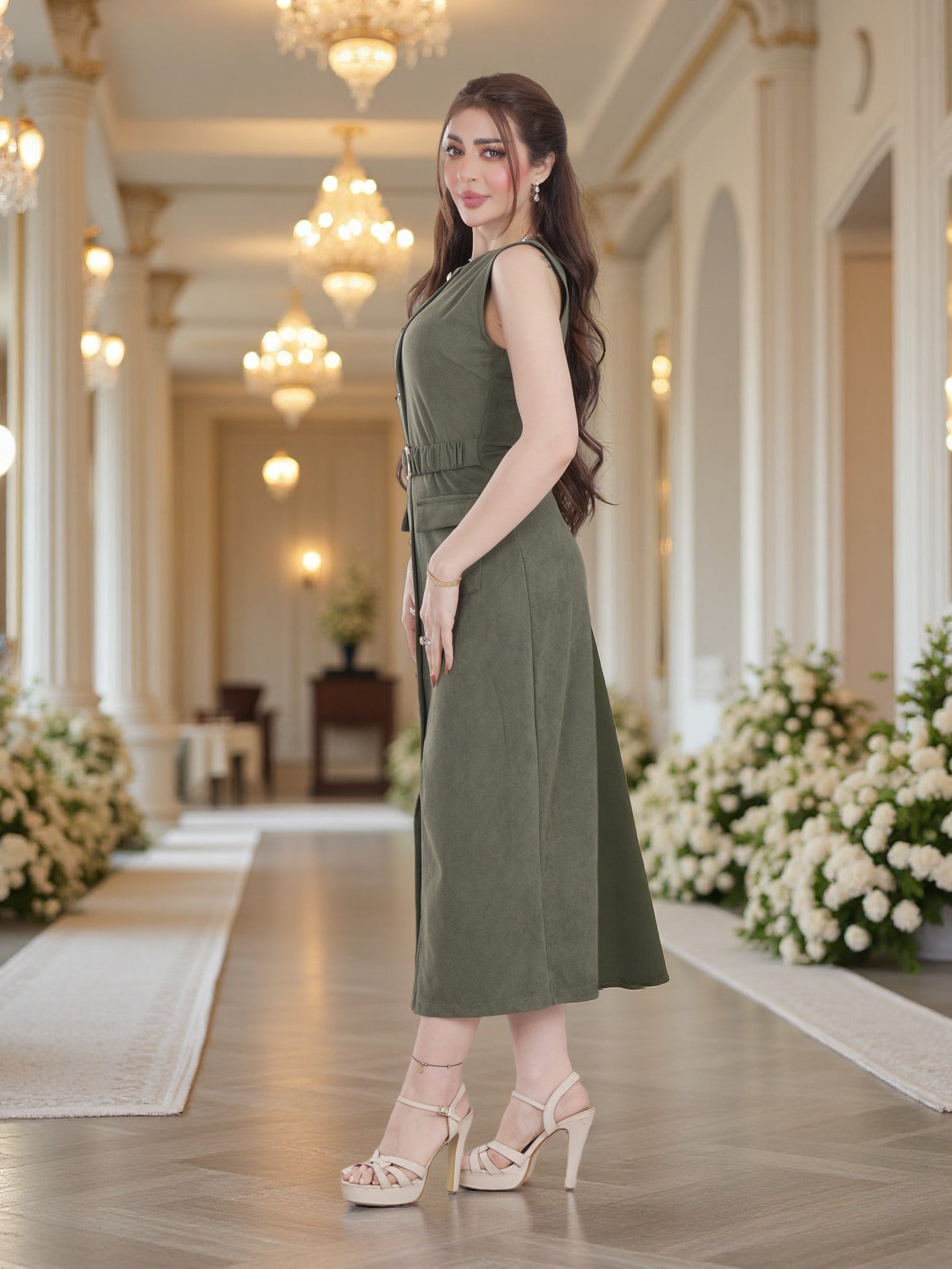 Women’s Sleeveless Button-Front Midi Dress with Belt