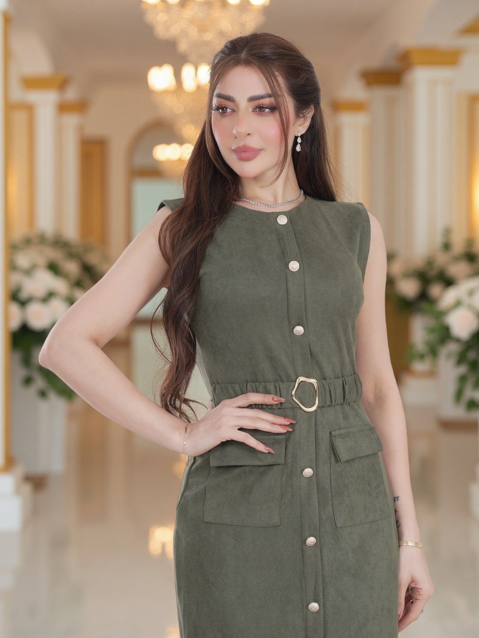 Women’s Sleeveless Button-Front Midi Dress with Belt