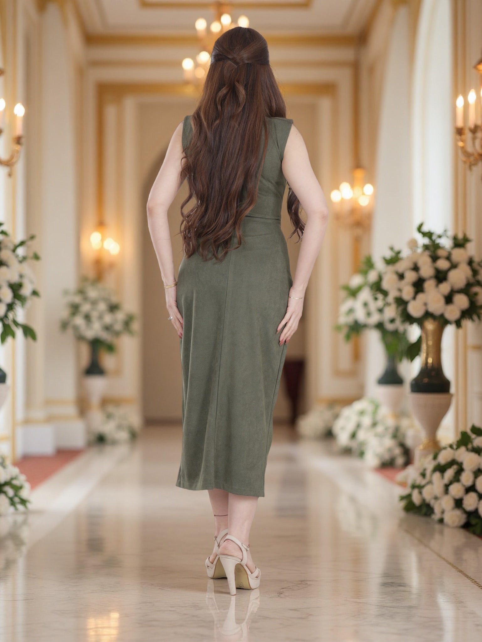 Women’s Sleeveless Button-Front Midi Dress with Belt