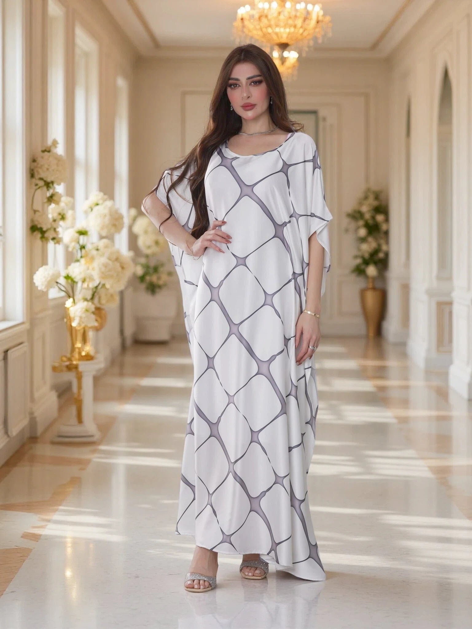 Elegant White Printed Kaftan Dress with Wide Sleeves – Modest Luxury W – FineLook