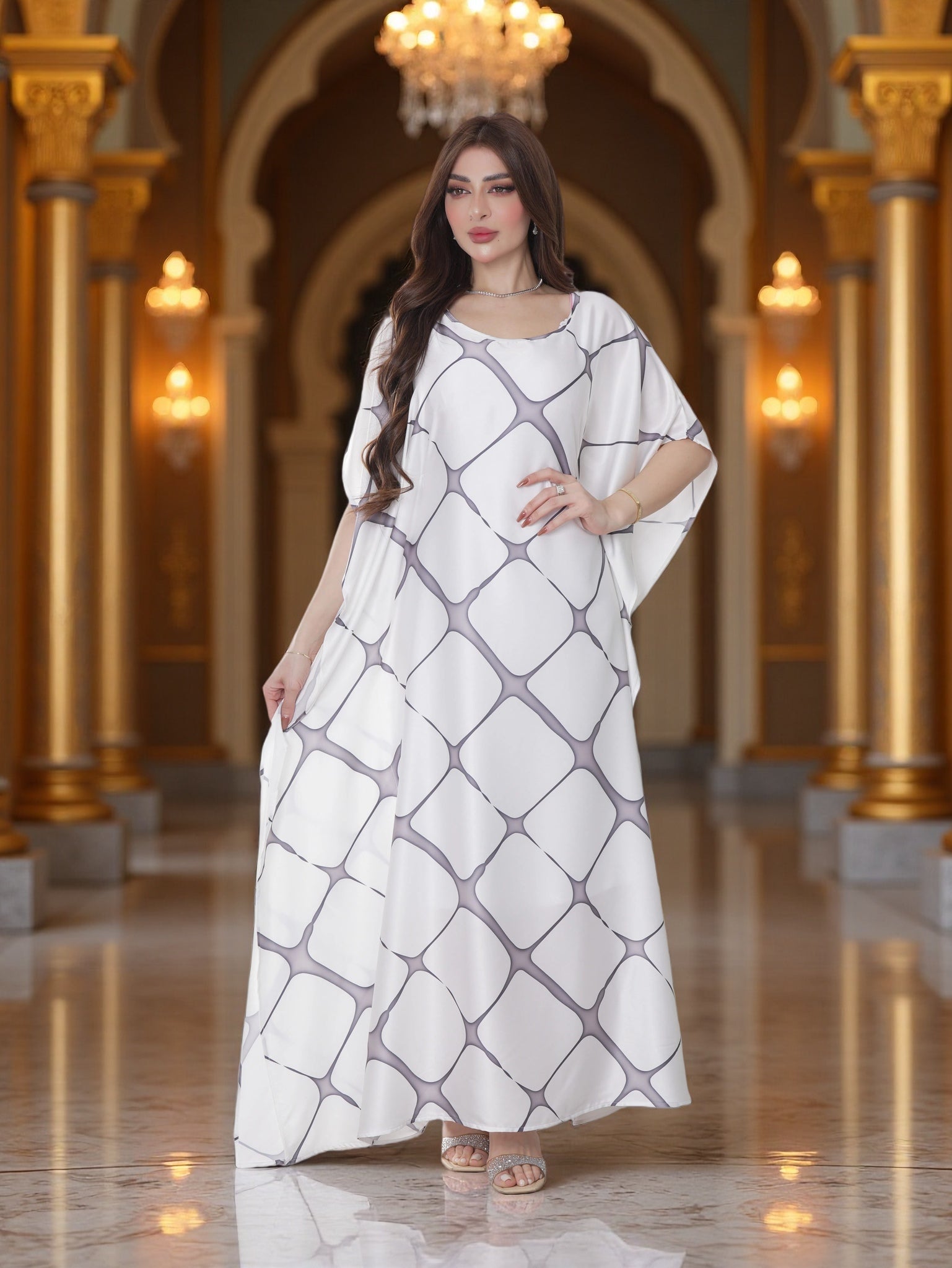 Elegant White Printed Kaftan Dress with Wide Sleeves – Modest Luxury Wear