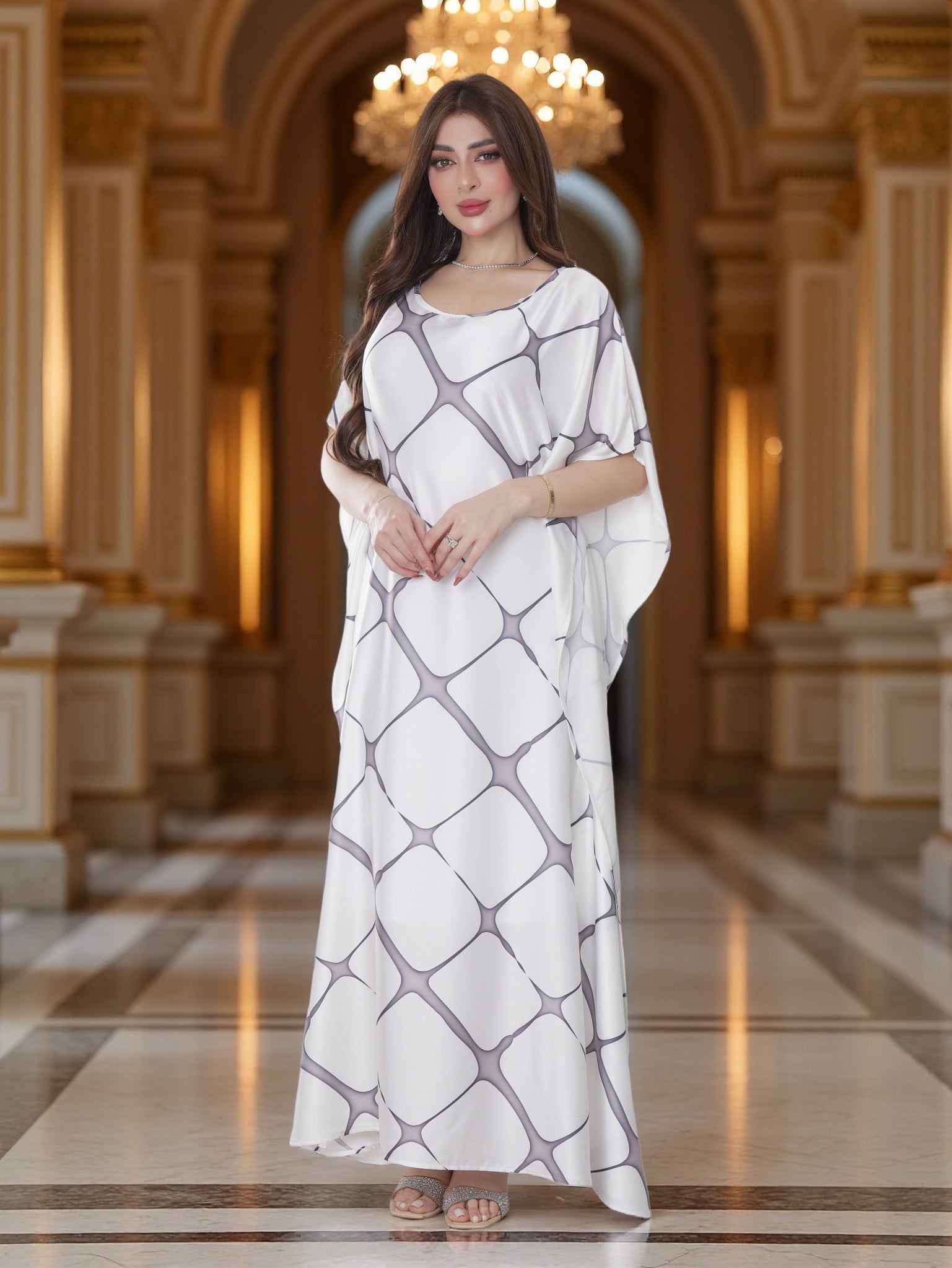 Elegant White Printed Kaftan Dress with Wide Sleeves – Modest Luxury Wear