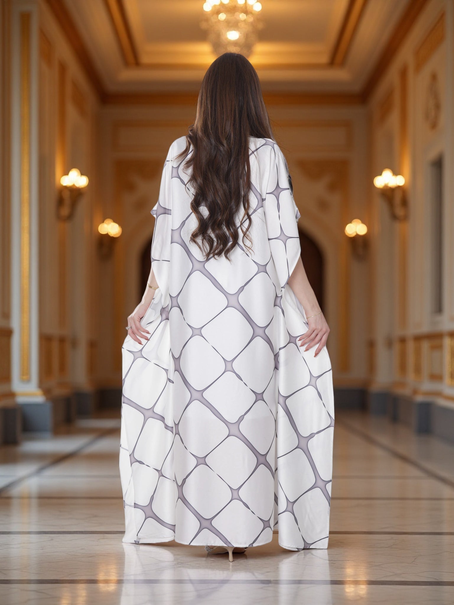Elegant White Printed Kaftan Dress with Wide Sleeves – Modest Luxury Wear