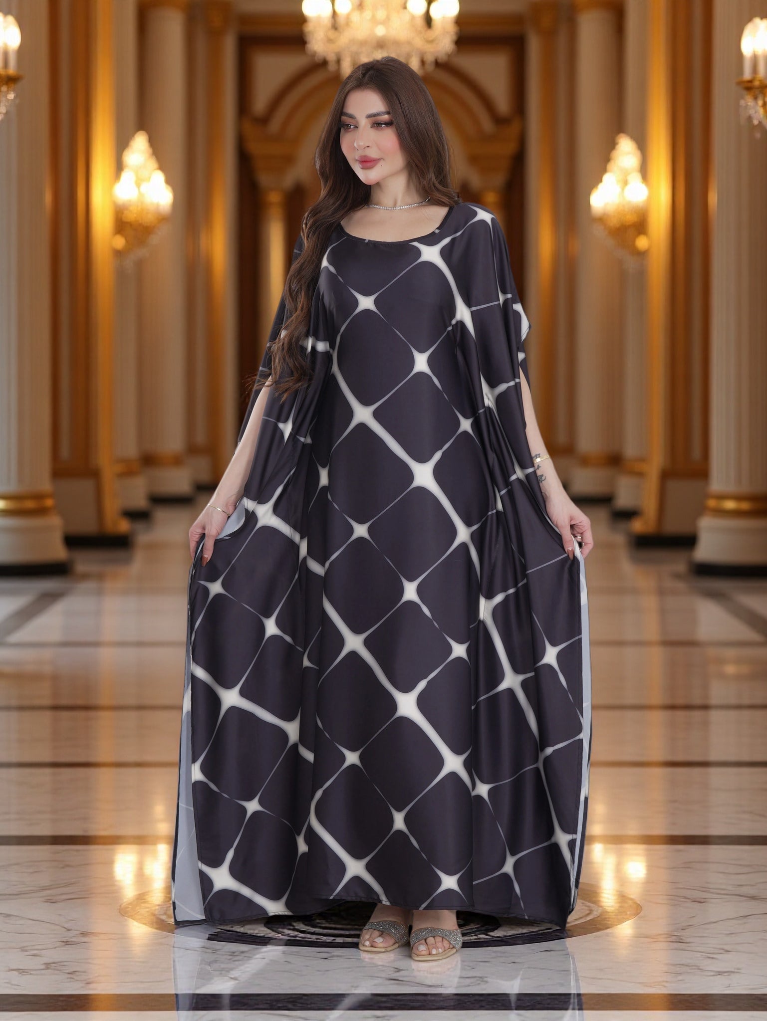 Elegant Black Printed Kaftan Dress with Wide Sleeves – Modest Everyday Luxury Wear