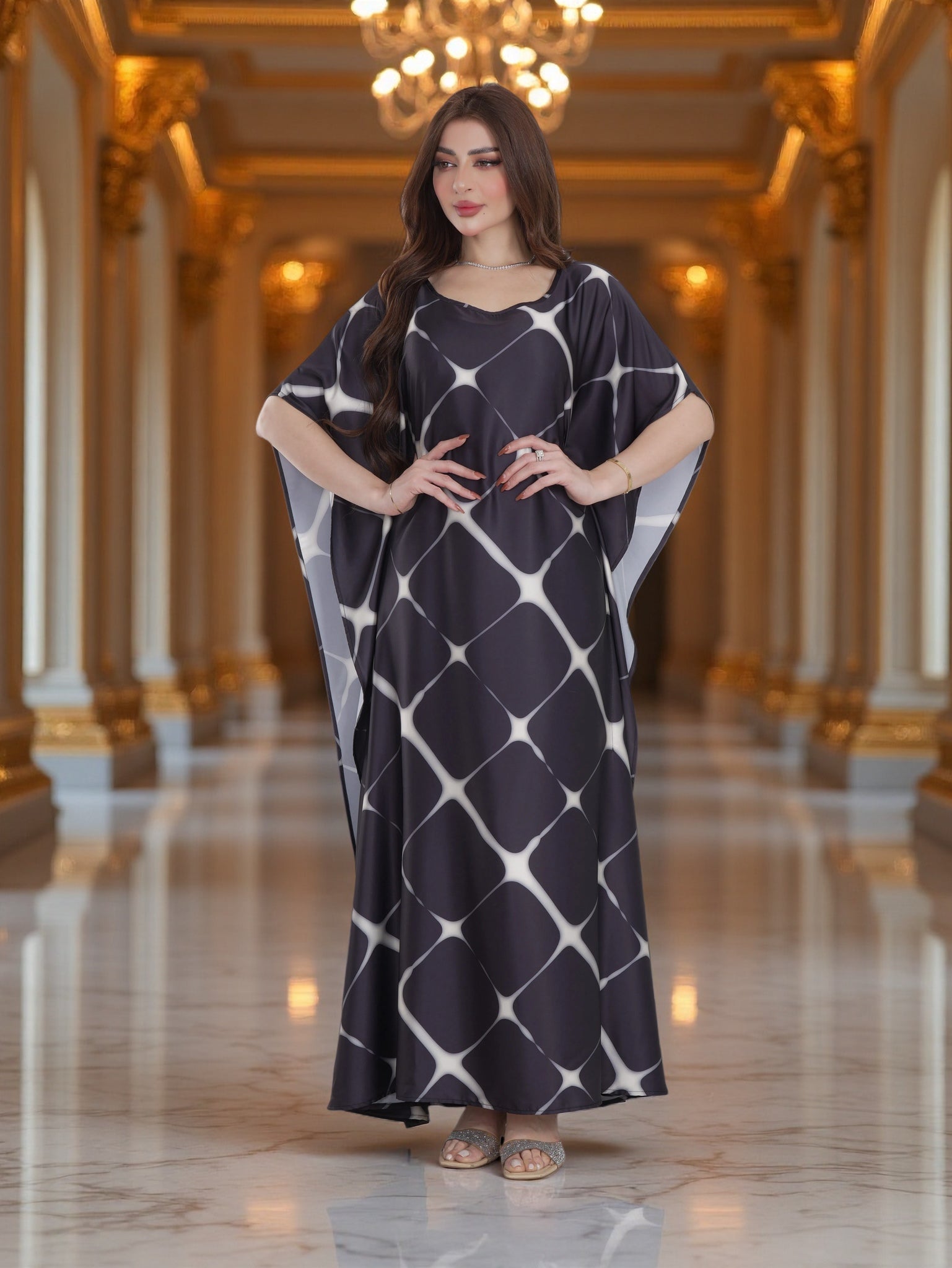 Elegant Black Printed Kaftan Dress with Wide Sleeves – Modest Everyday Luxury Wear