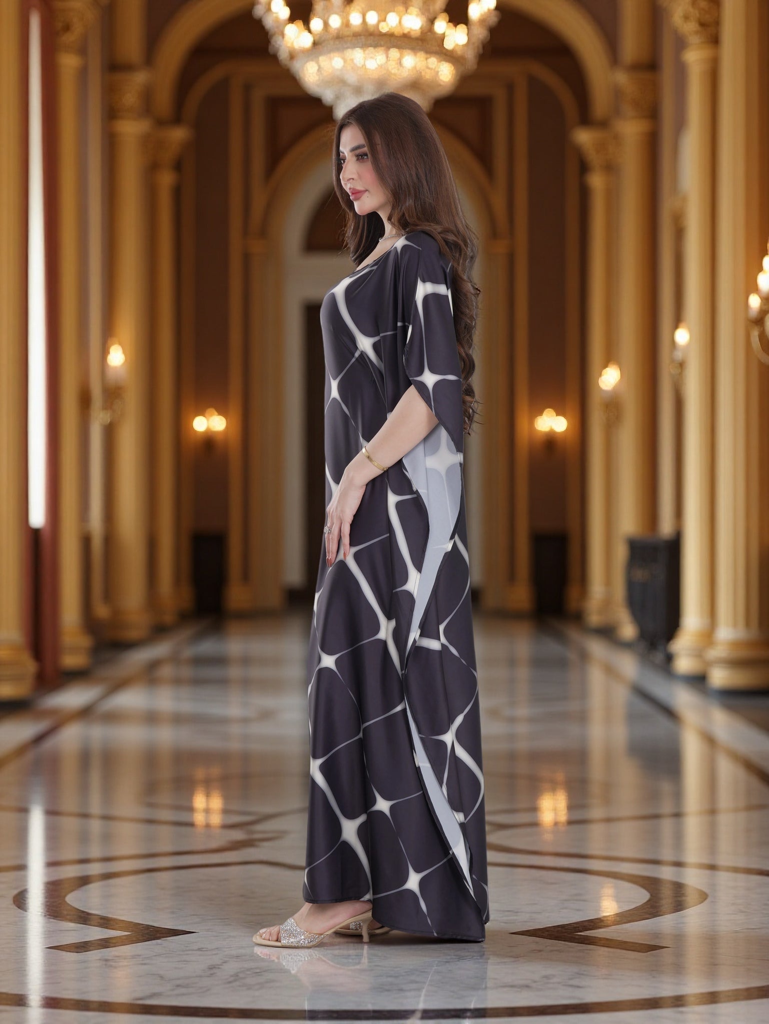 Elegant Black Printed Kaftan Dress with Wide Sleeves – Modest Everyday Luxury Wear