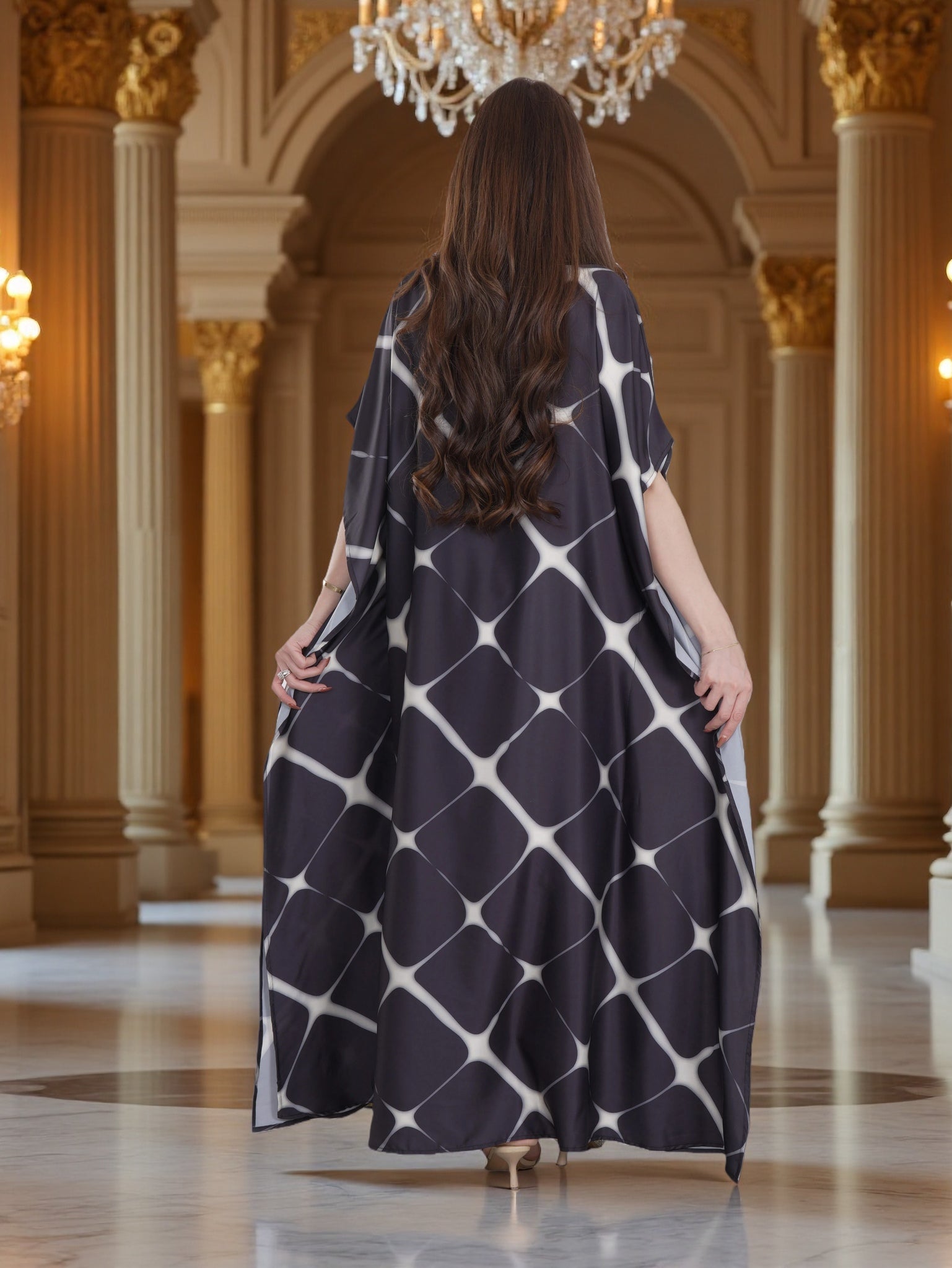 Elegant Black Printed Kaftan Dress with Wide Sleeves – Modest Everyday Luxury Wear