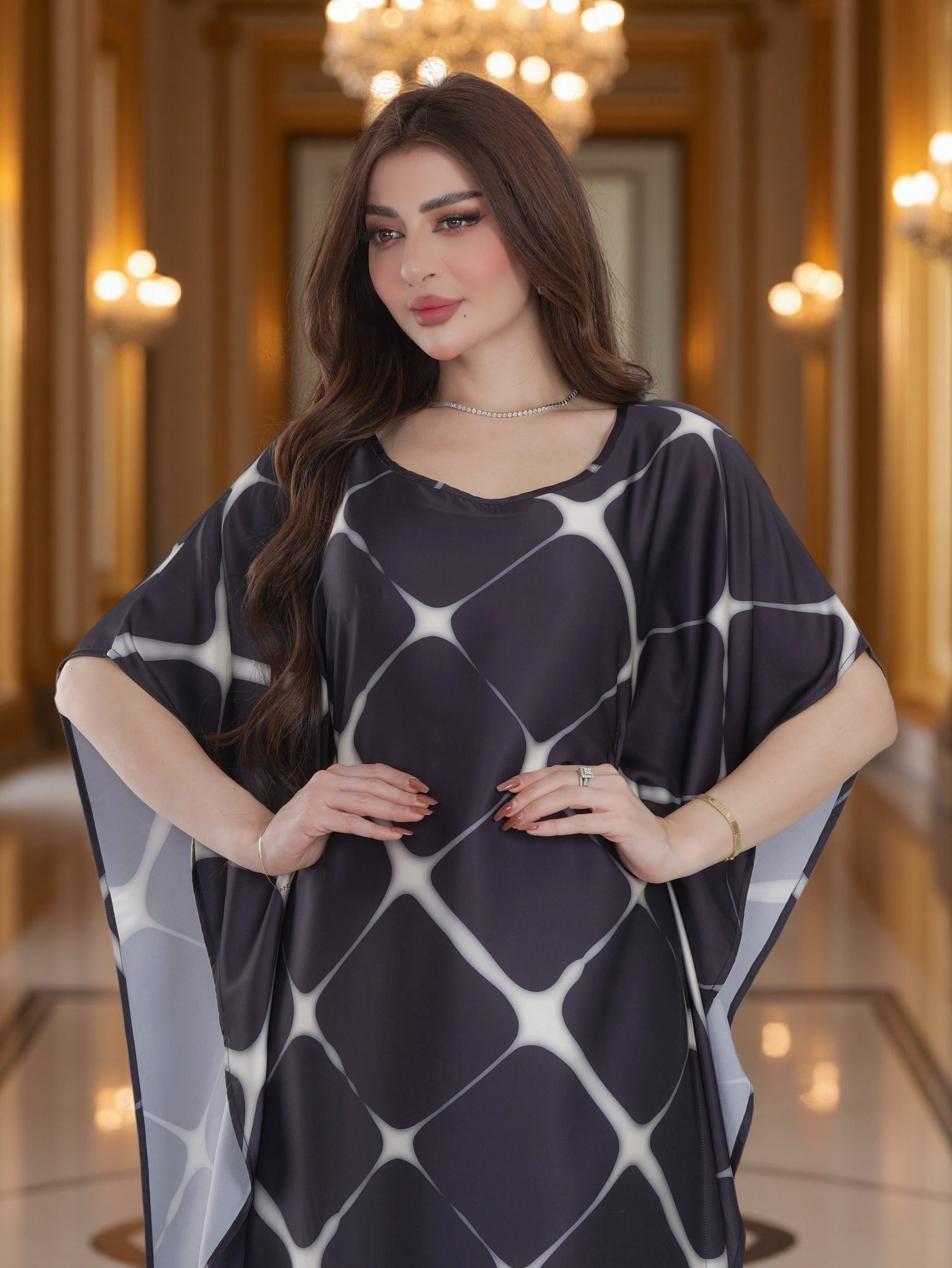 Elegant Black Printed Kaftan Dress with Wide Sleeves – Modest Everyday Luxury Wear