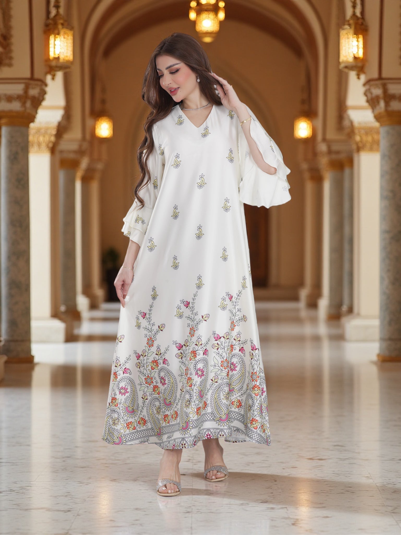 Ivory Floral Printed Modest Dress with Flared Sleeves – Elegant Everyday Wear