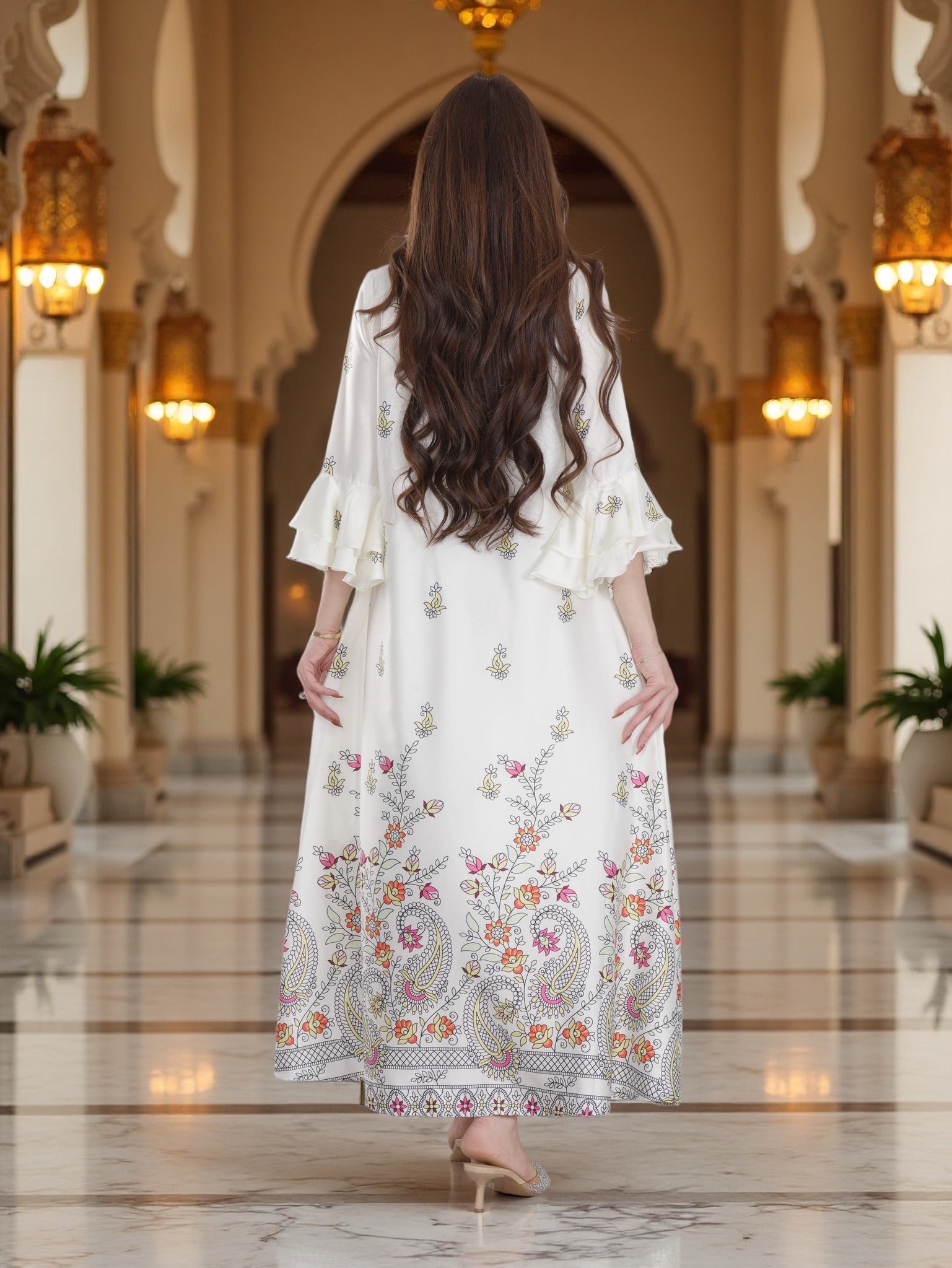 Ivory Floral Printed Modest Dress with Flared Sleeves – Elegant Everyday Wear