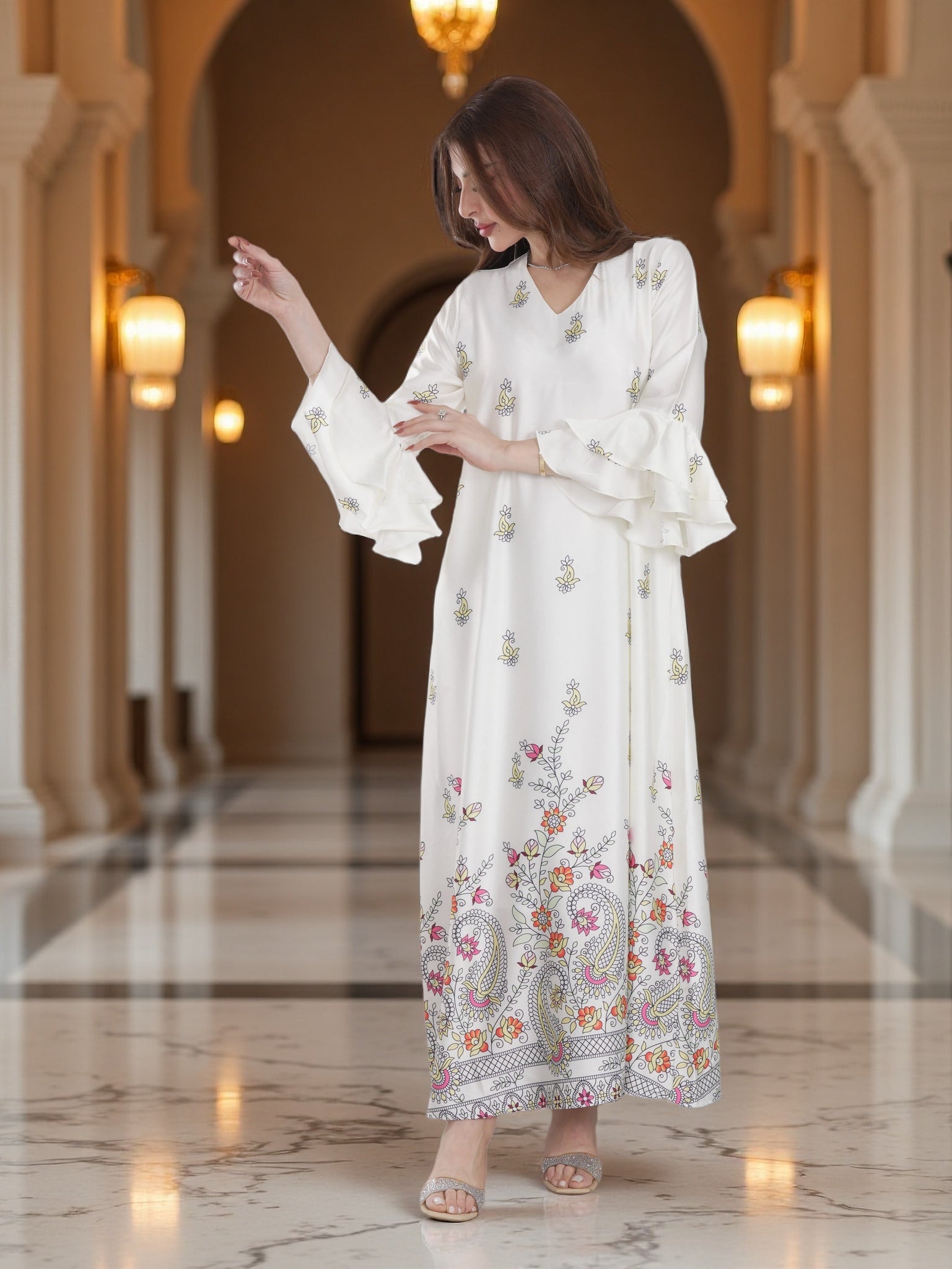 Ivory Floral Printed Modest Dress with Flared Sleeves – Elegant Everyday Wear