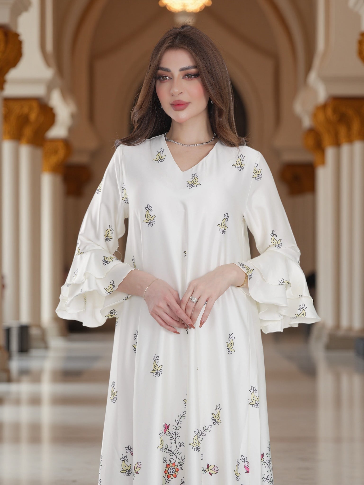 Ivory Floral Printed Modest Dress with Flared Sleeves – Elegant Everyday Wear
