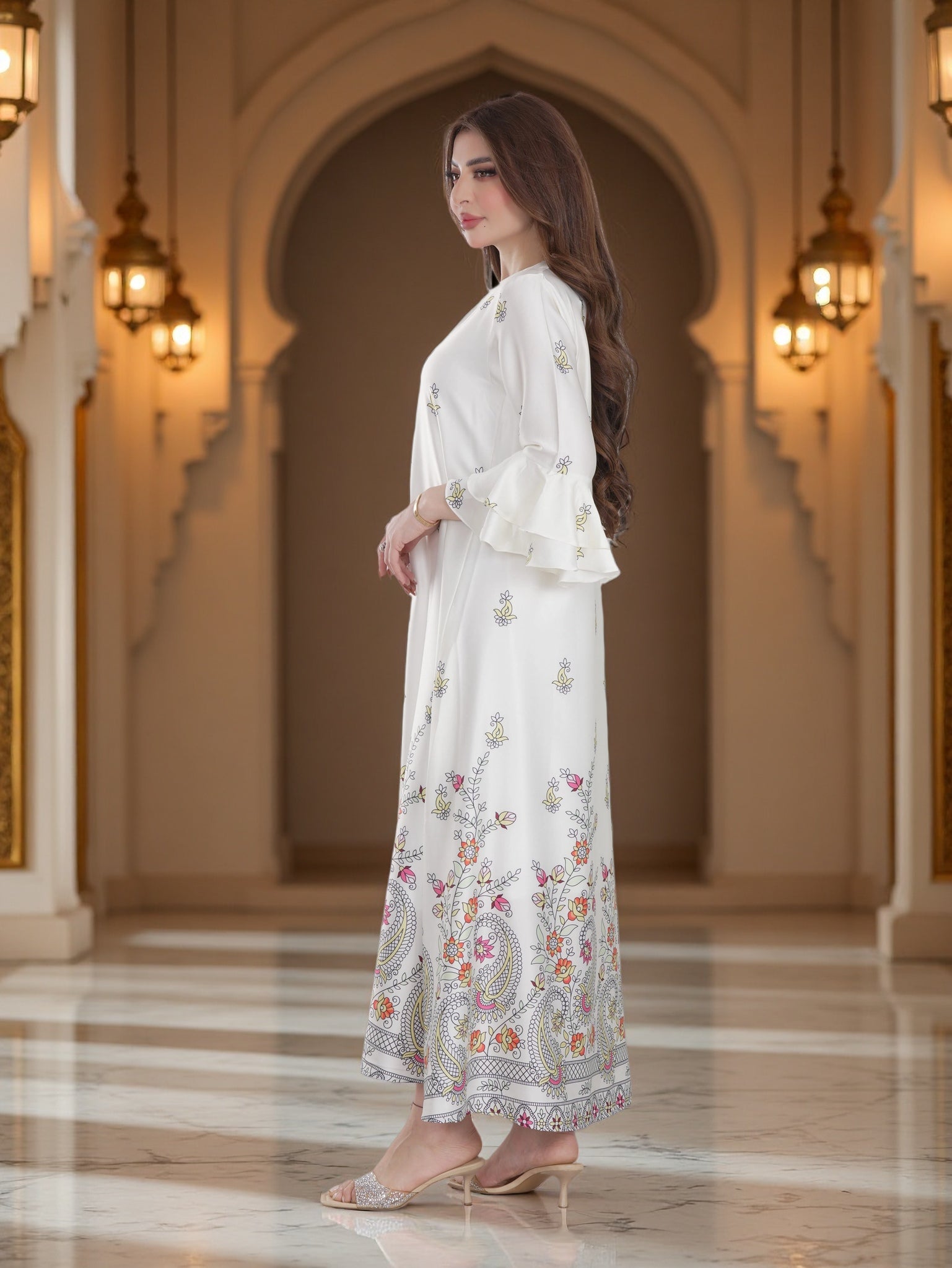 Ivory Floral Printed Modest Dress with Flared Sleeves – Elegant Everyday Wear