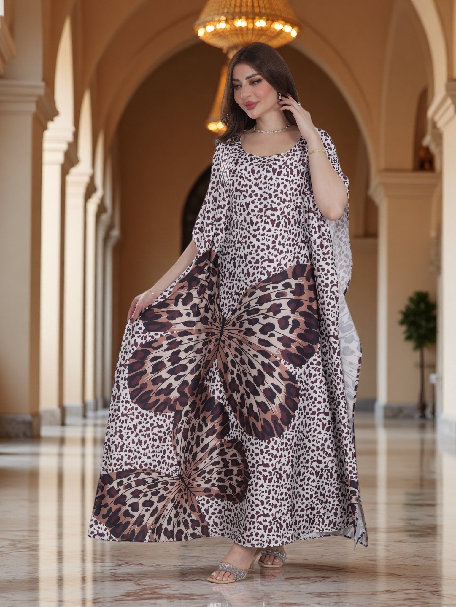 Ivory Leopard Print Kaftan Dress with Butterfly Design – Modest Everyday Luxury Wear