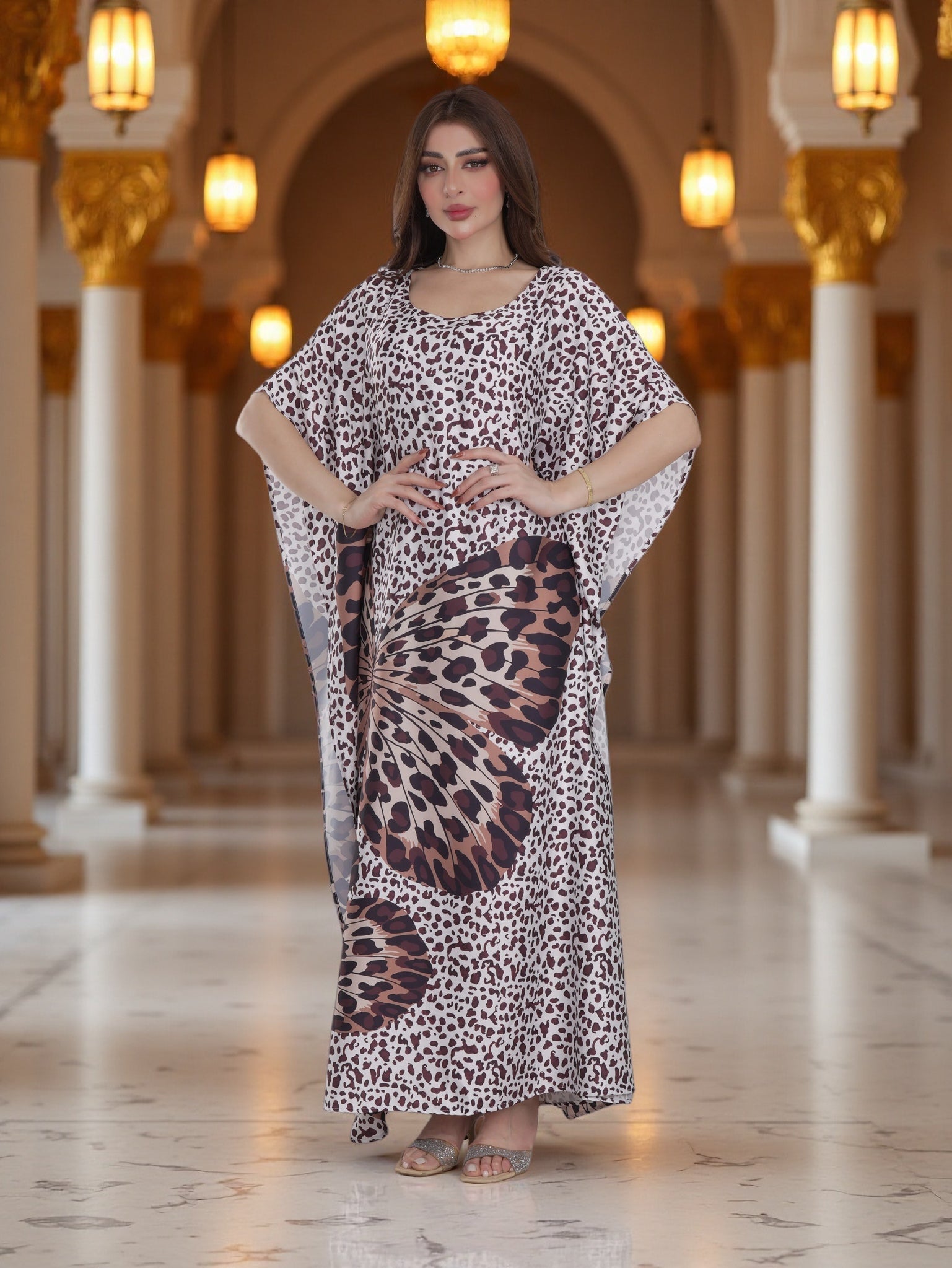 Ivory Leopard Print Kaftan Dress with Butterfly Design – Modest Everyday Luxury Wear