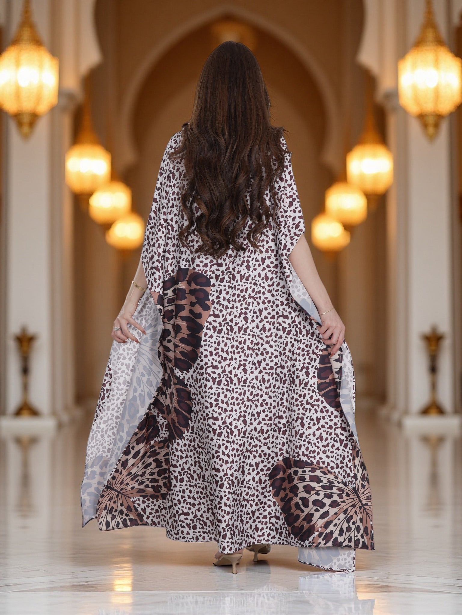 Ivory Leopard Print Kaftan Dress with Butterfly Design – Modest Everyday Luxury Wear