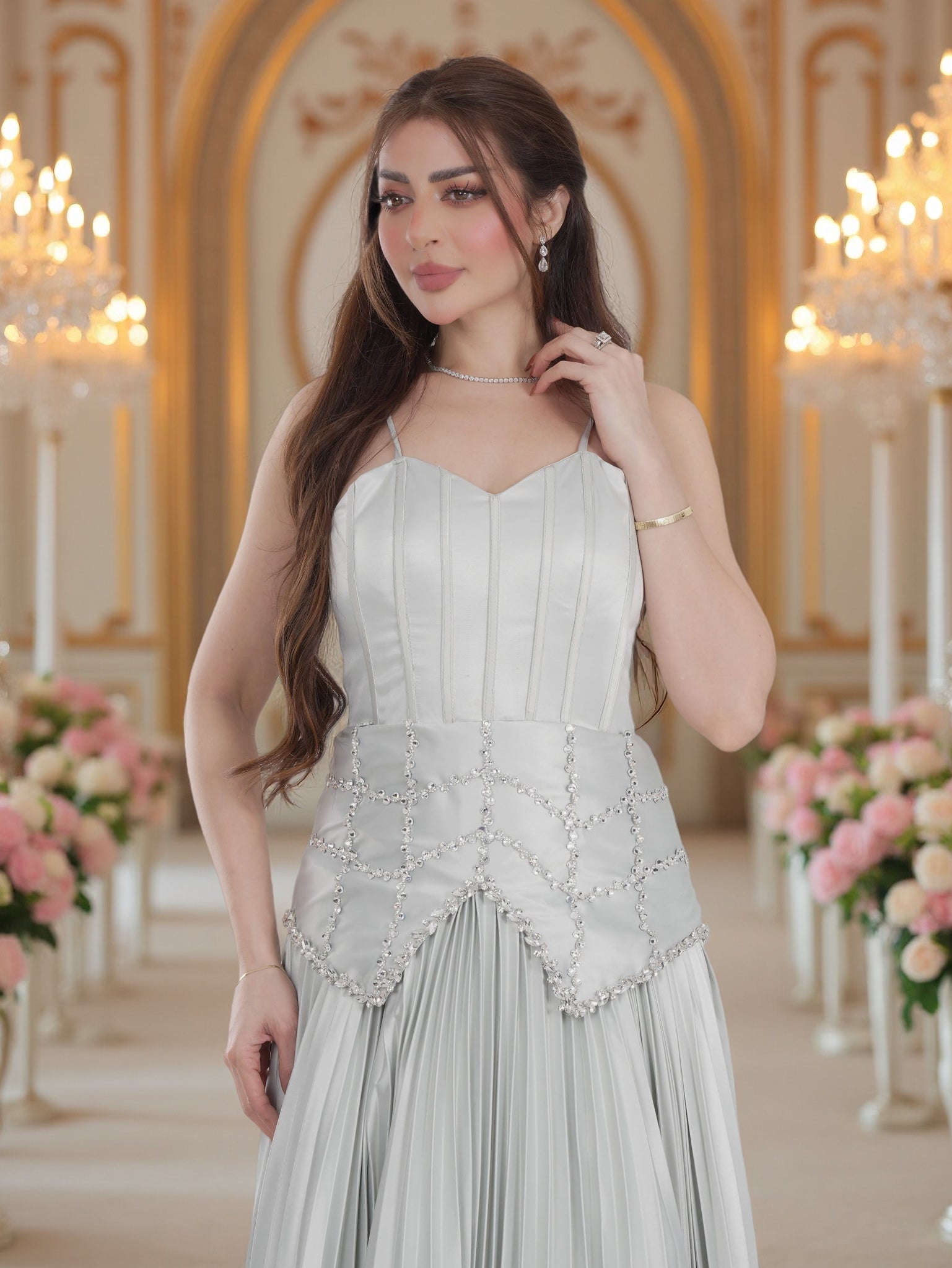 Luxury Silver Pleated Evening Gown with Crystal Waist Embellishment – –  FineLook
