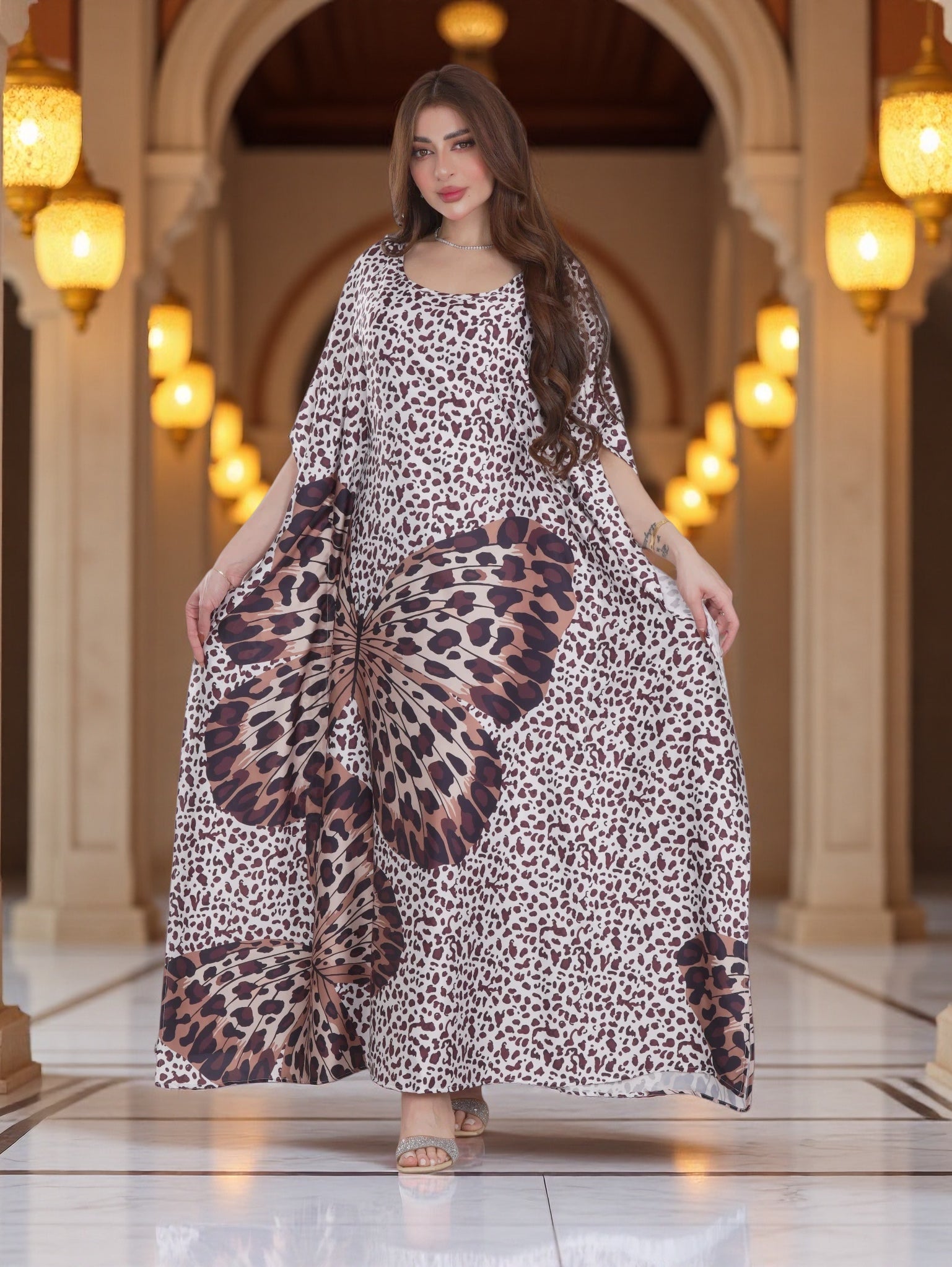 Ivory Leopard Print Kaftan Dress with Butterfly Design – Modest Everyday Luxury Wear