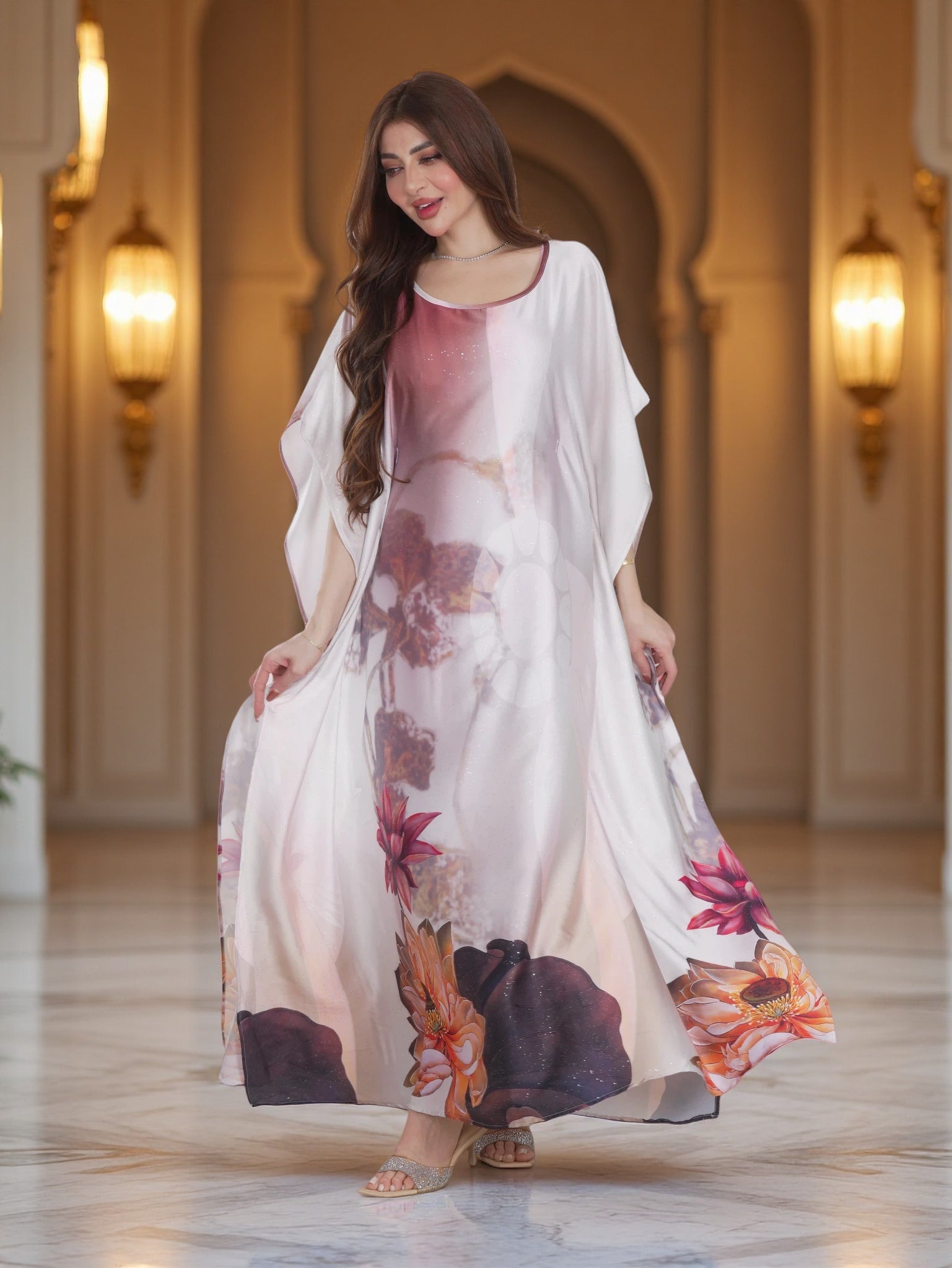 Ivory Floral Printed Kaftan Dress with Flowing Silhouette – Modest Elegant Wear