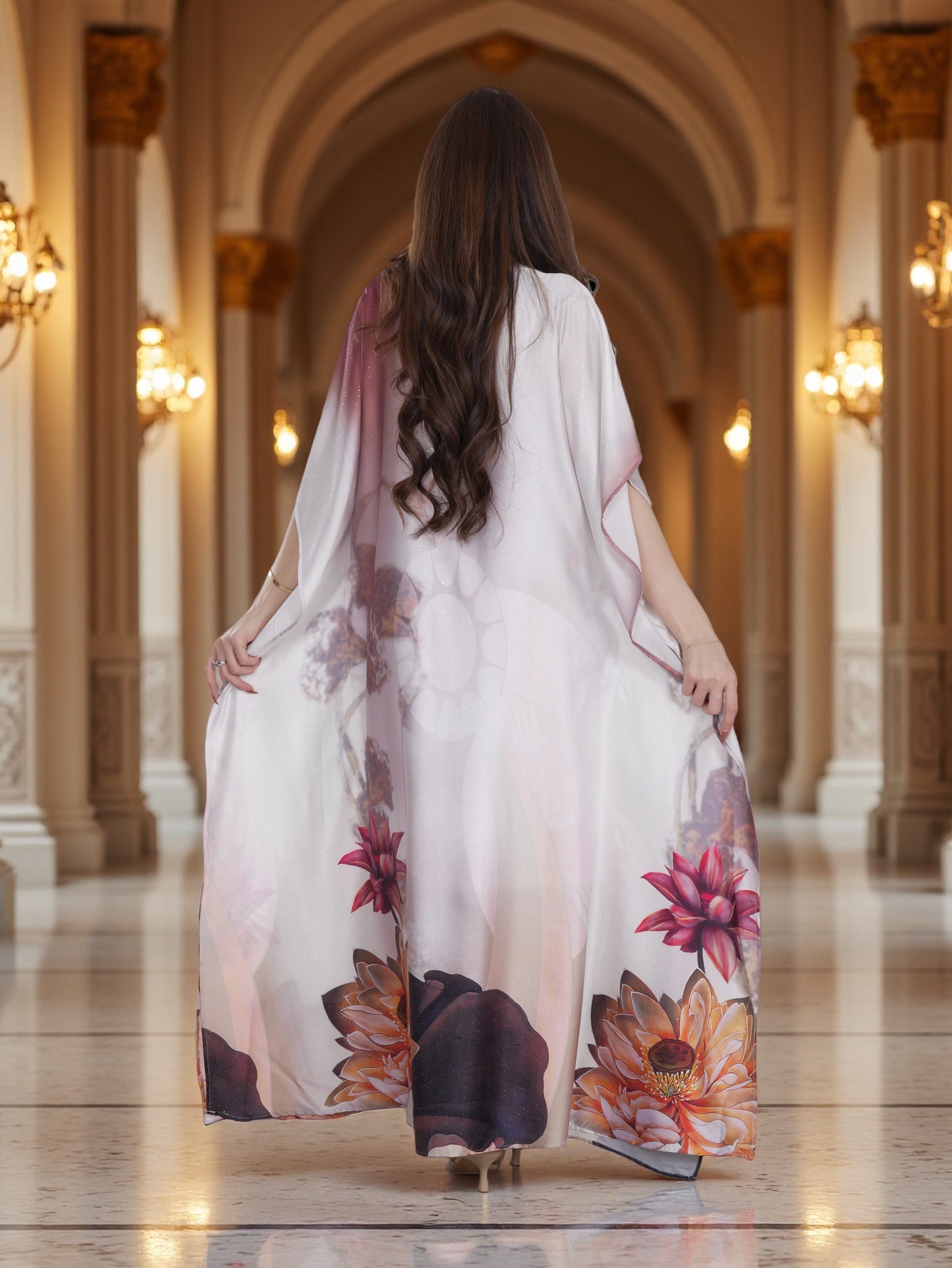 Ivory Floral Printed Kaftan Dress with Flowing Silhouette – Modest Elegant Wear